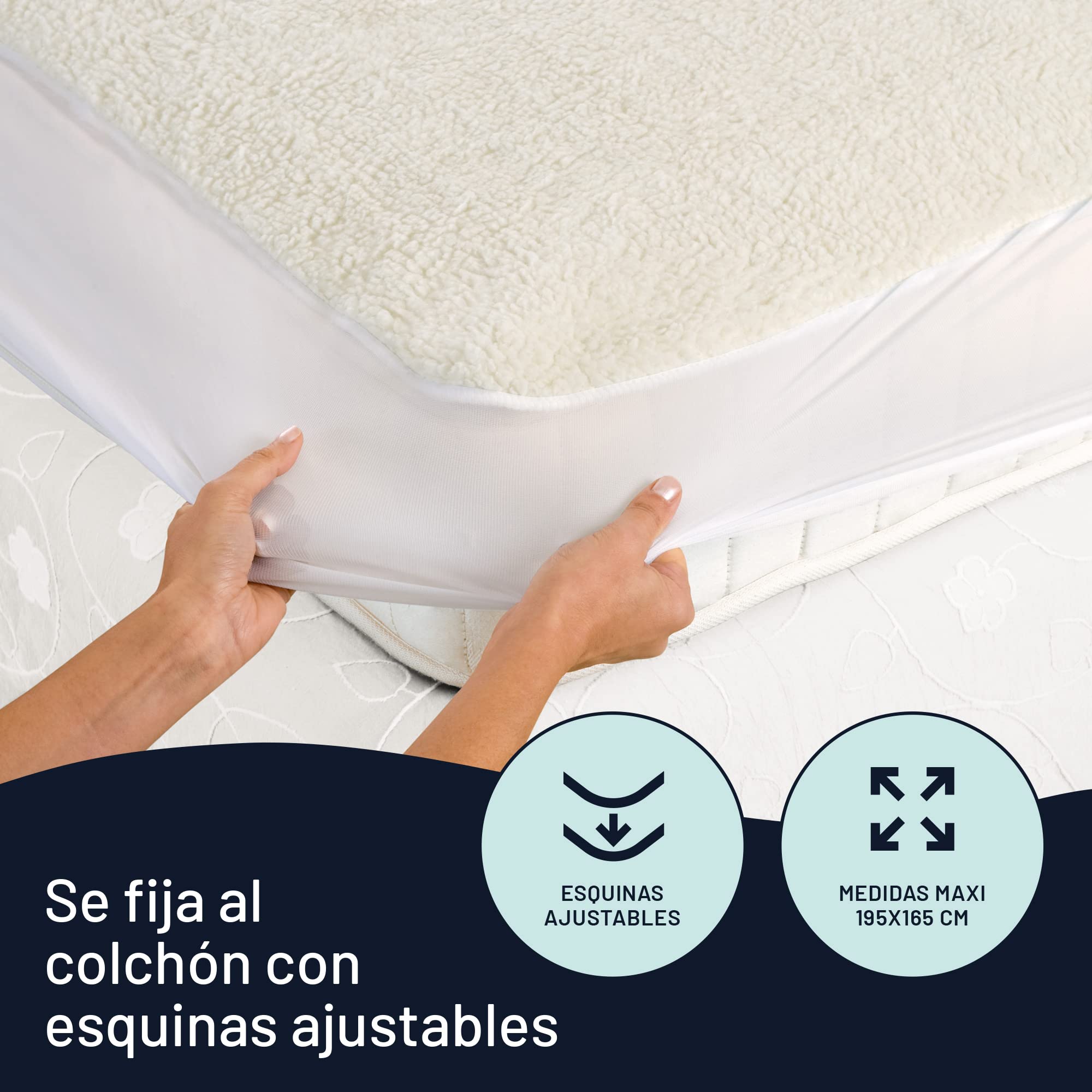 Imetec - Cubrecolchón Scaldasonno Adapto Maxi doble, 195 x 165 cm, calentamiento rápido, temperatura constante y personalizada, 100 % lana merina, mando doble con 6 temperaturas