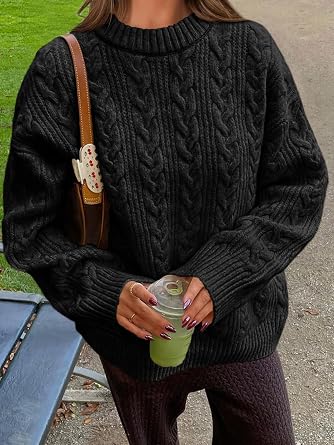Saodimallsu Womens Cable Knit Sweater Oversized Long Sleeve Chunky Knit Crew Neck Fall Pullover Sweaters Top