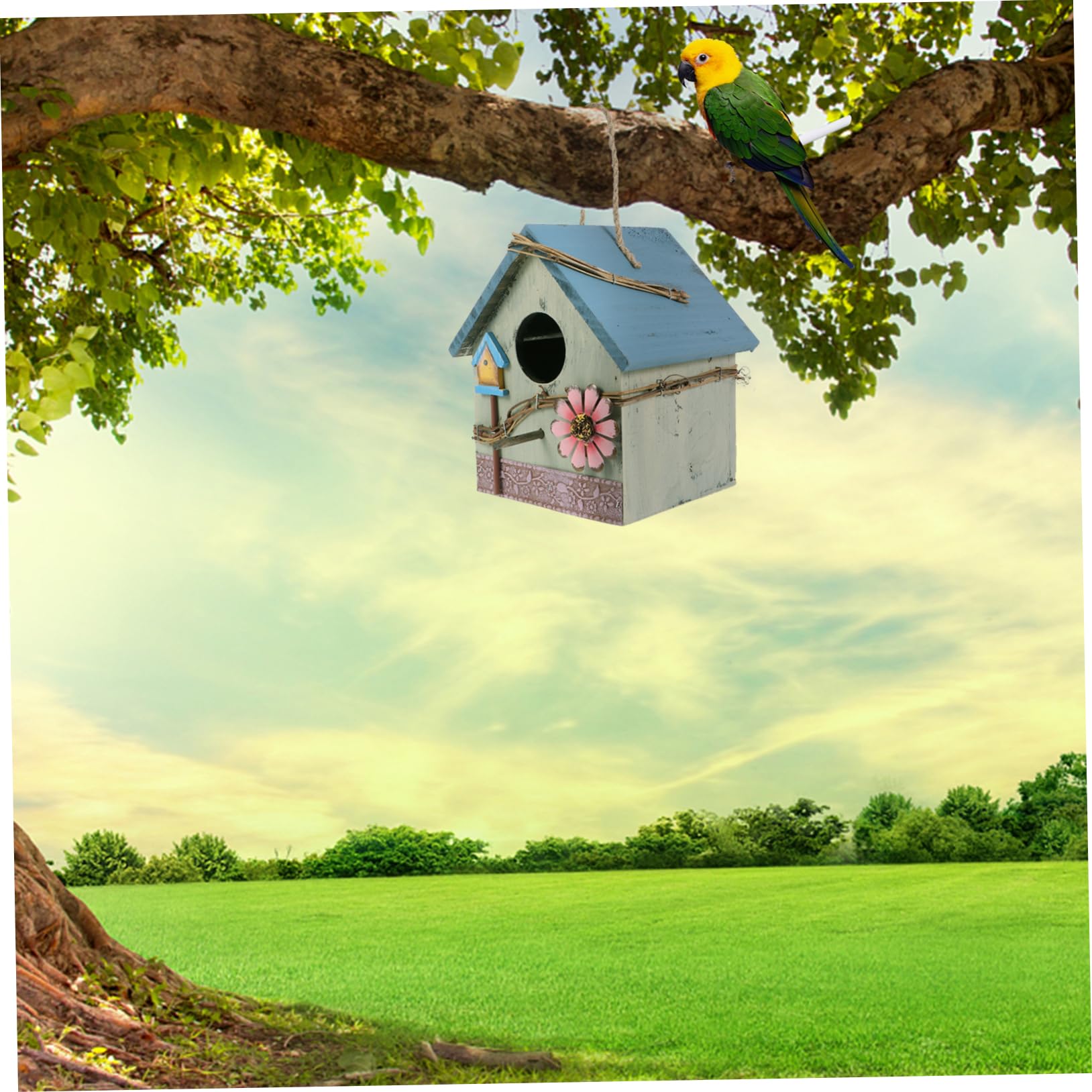 Hängendes Nistkasten für Vögel Papageien und Vogelhaus Wildvögel mit Grünem Design Naturbelassener Gartendeko Garten für Terrasse