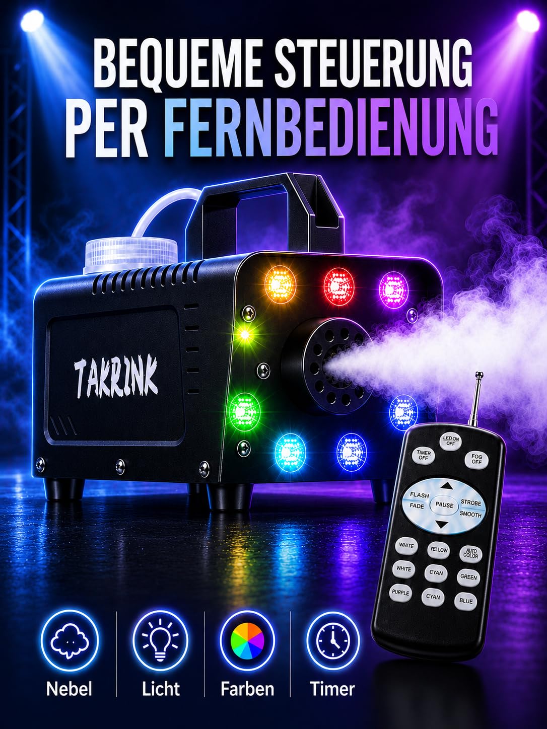 TAKRINK 900W Nebelmaschine Rauchmaschine Nebel Maschine 16 Farben RGB Lichteffekt Mini Nebelmaschine mit Fernbedienung für DJ Disco Party, Hochzeiten, Halloween und Bühnenshows(Standard) | 8 LED RGB 16 Farben Rauch Effekt Licht 0,3 L Tank und Fernbedienun