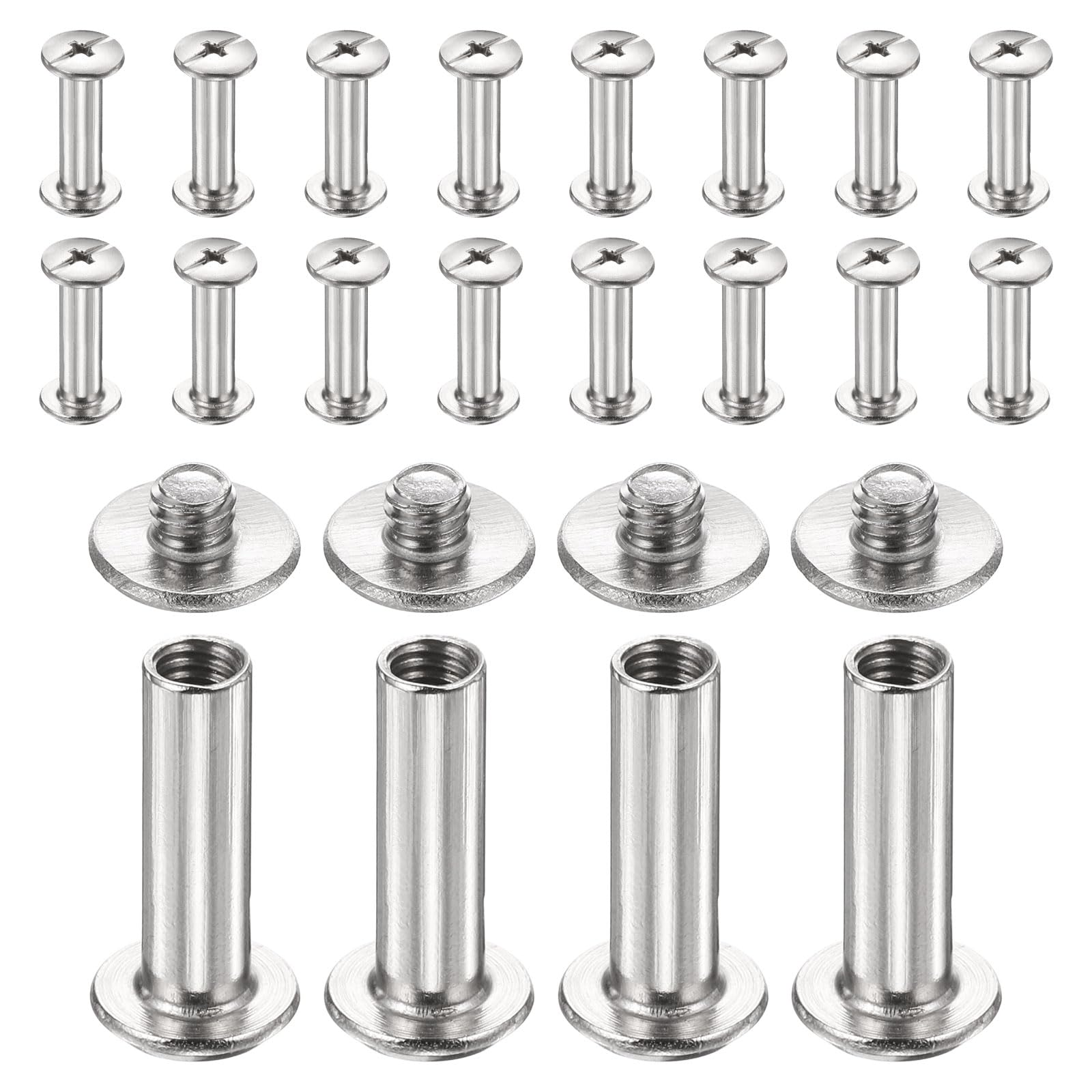 sourcing map 20set Chicago Screw M4x17mm 6mm Length Metal Phillips Nail Rivet Stud Bolts Rivets Binding Post Screw for DIY Leather Belt Bag Craft Bookbinding, Silver