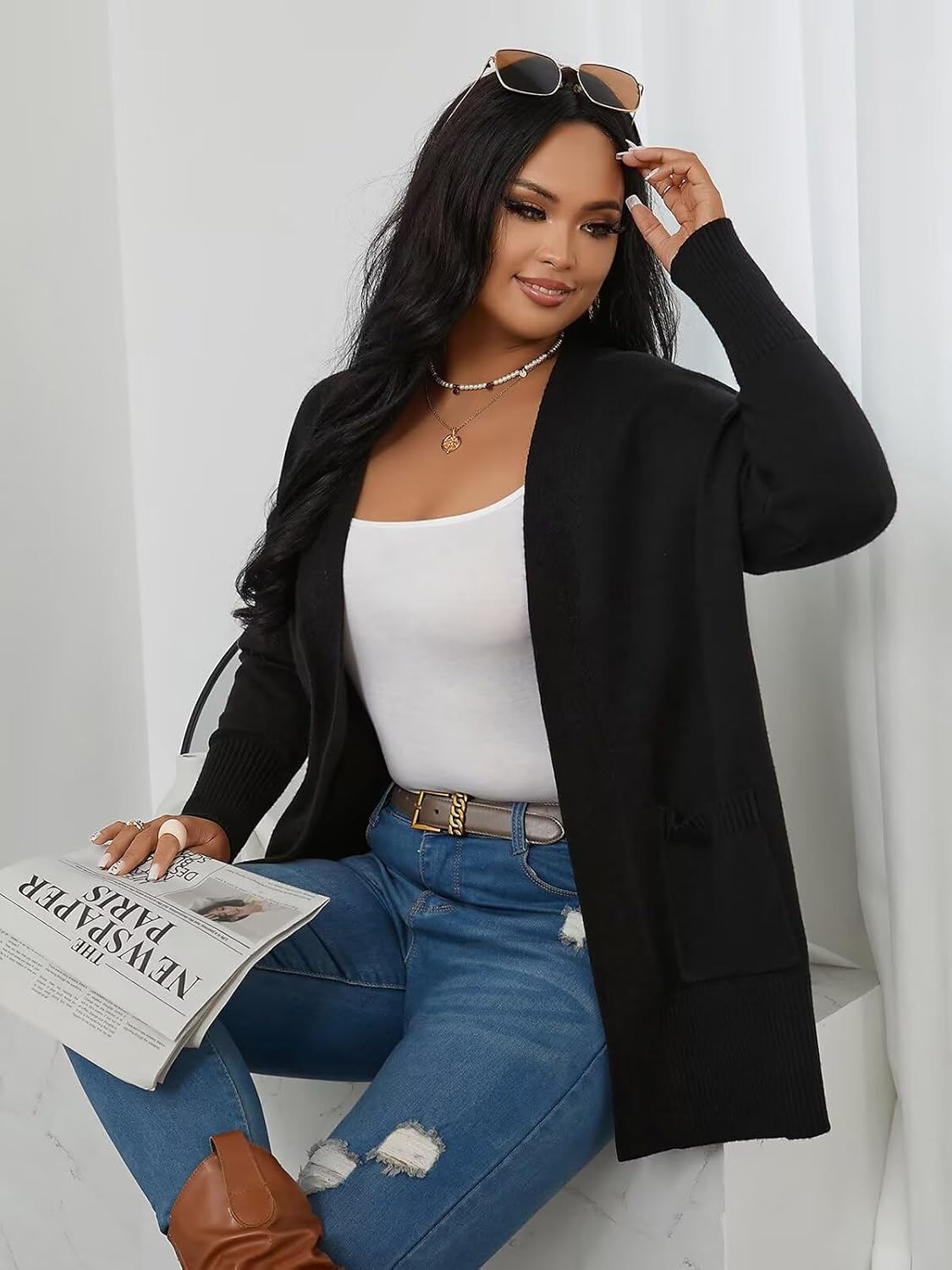 Womens Cardigan Sweaters Plus Size Open Front Long Sleeve Cardigan with Pockets for Women Lightweight Trendy 1X-5X - Image 6