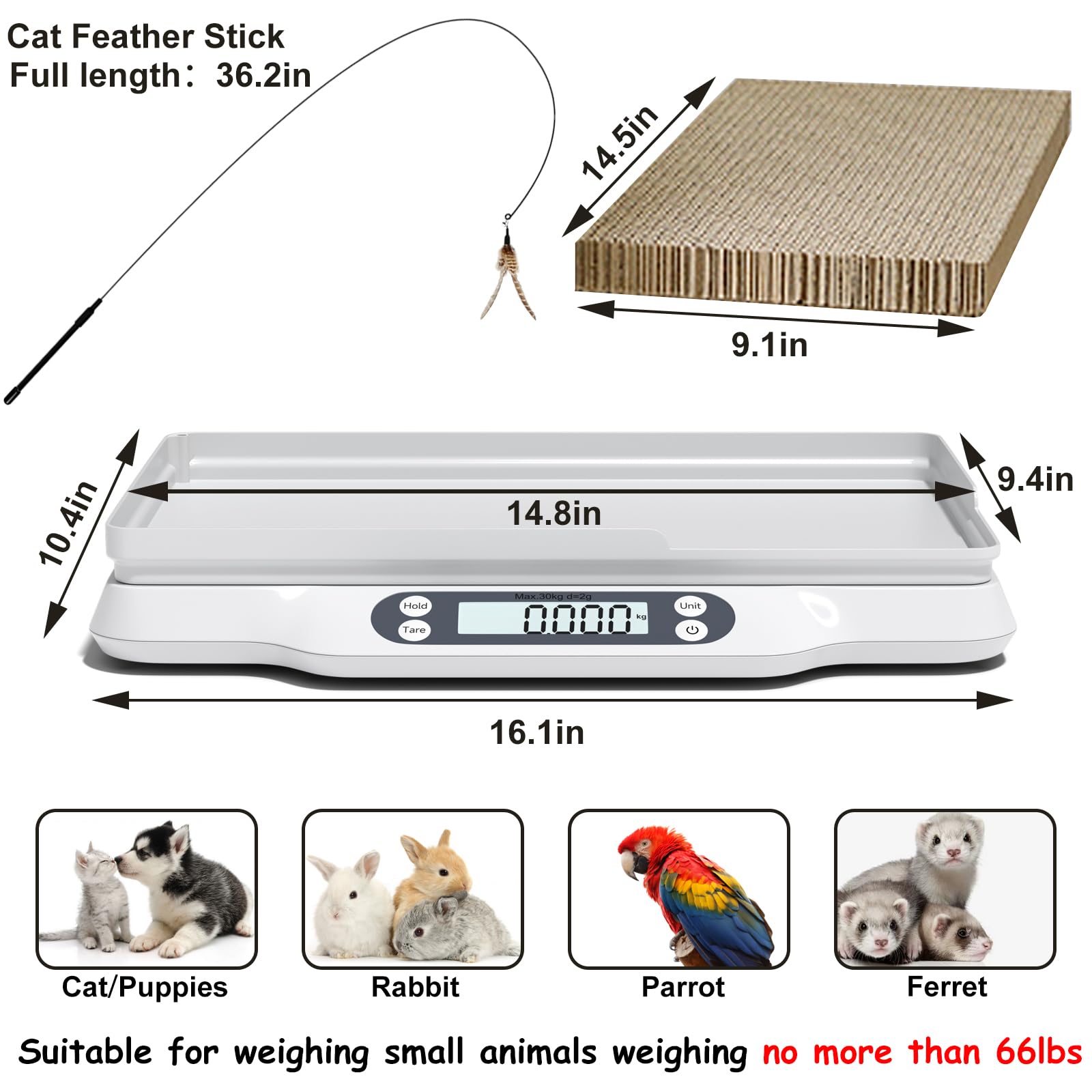 HBYCDSTF Digital Pet Scale, Small Pet Weighing Scale With Cat Scratch Board And Funny Cat Toy(Max. 66 Lbs), Measure Accurately, Tray Size 15.7 * 11.8in, LCD Electronic Scale For Kitten, Rabbit, Puppy