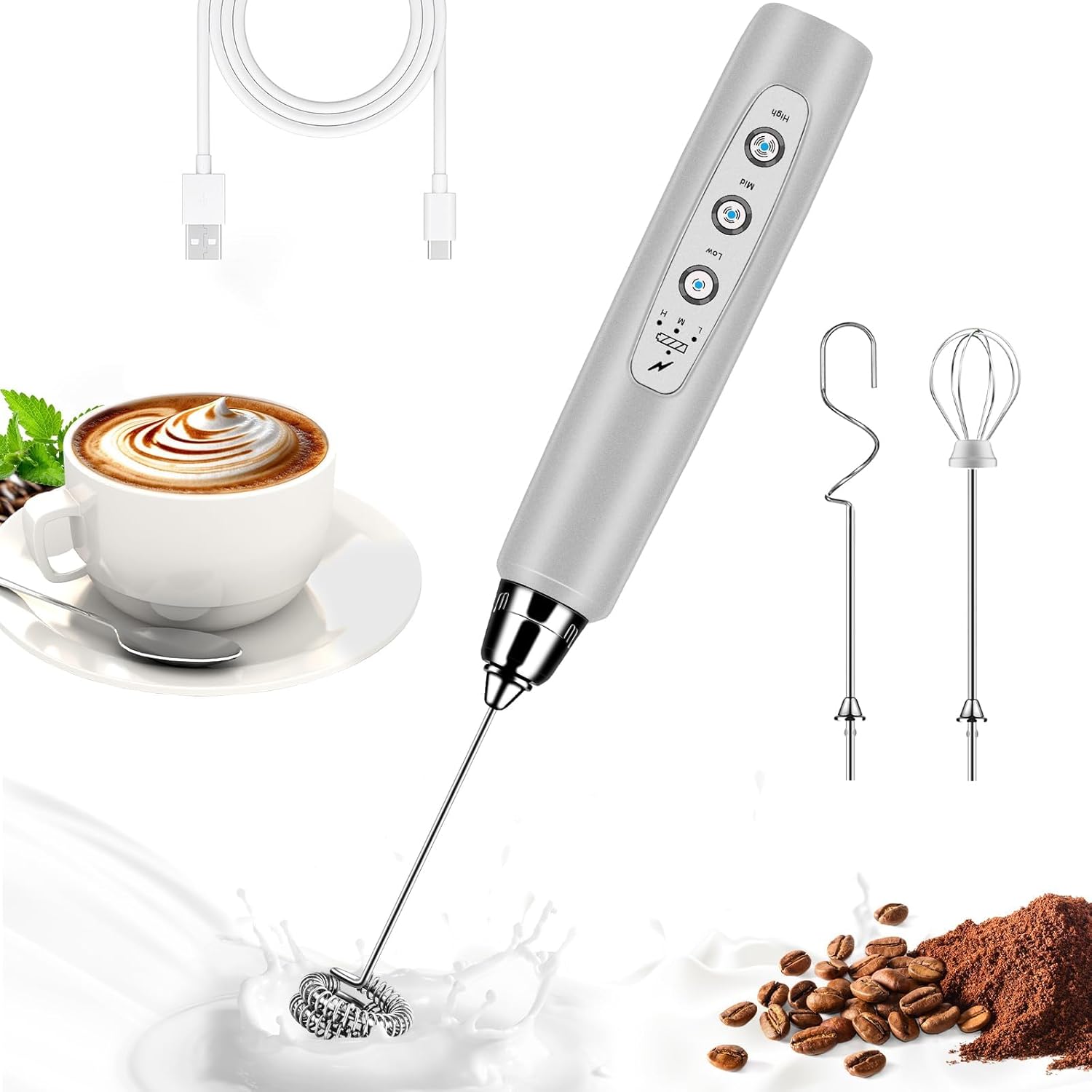 BSRGMS Milk Frother Handheld for Coffee Electric Whisk 3 Speed Adjustable Drink Mixer with Stainless 3 Whisks Rechargeable