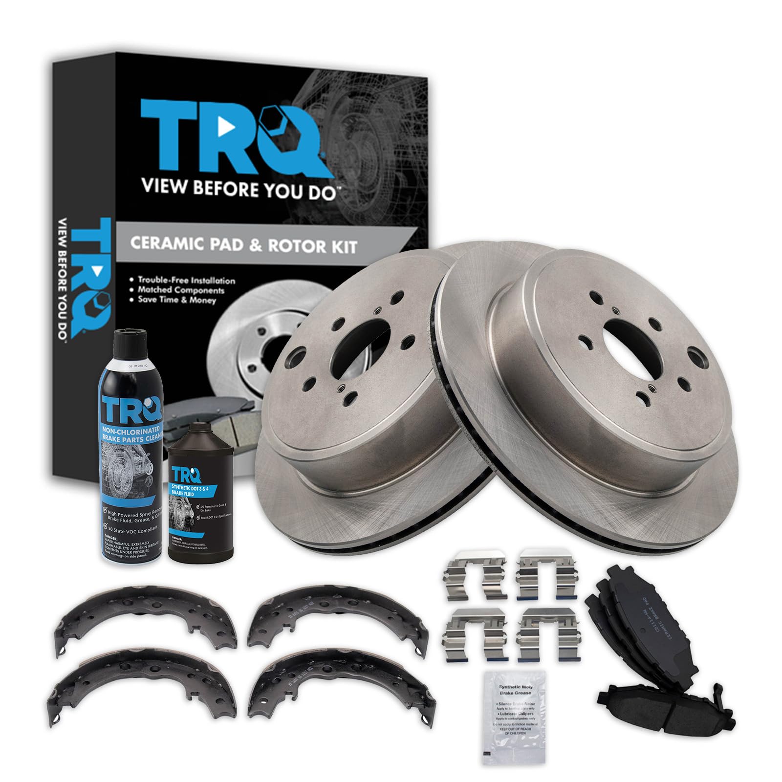 TRQ Rear Brake Pad &amp; Rotor Kit, with Chemical Kit Parking Brake Shoe Set Ceramic Compatible with 2013-2014 Subaru Legacy