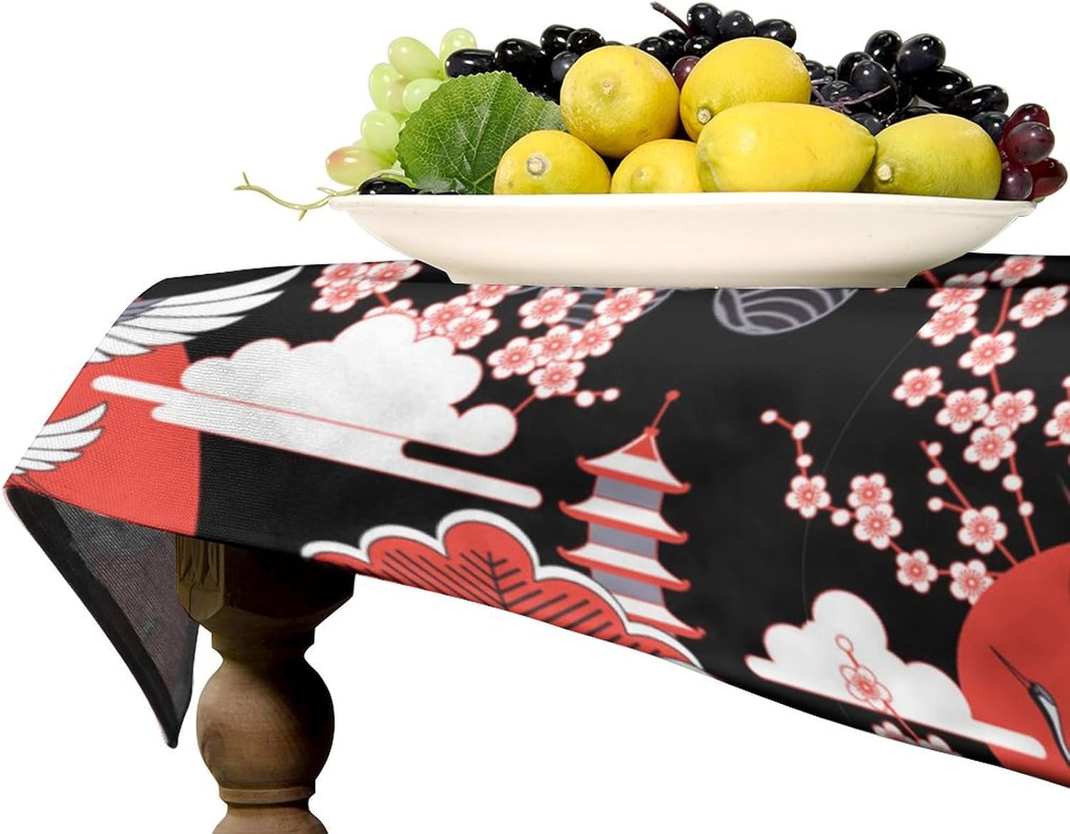 Japanese Crane Bird Tablecloth, Oriental Pink Cherry Blossoms Flower Retro Luxury Line Art Table Cover for Kitchen Dining Table Party Decor 55x55in