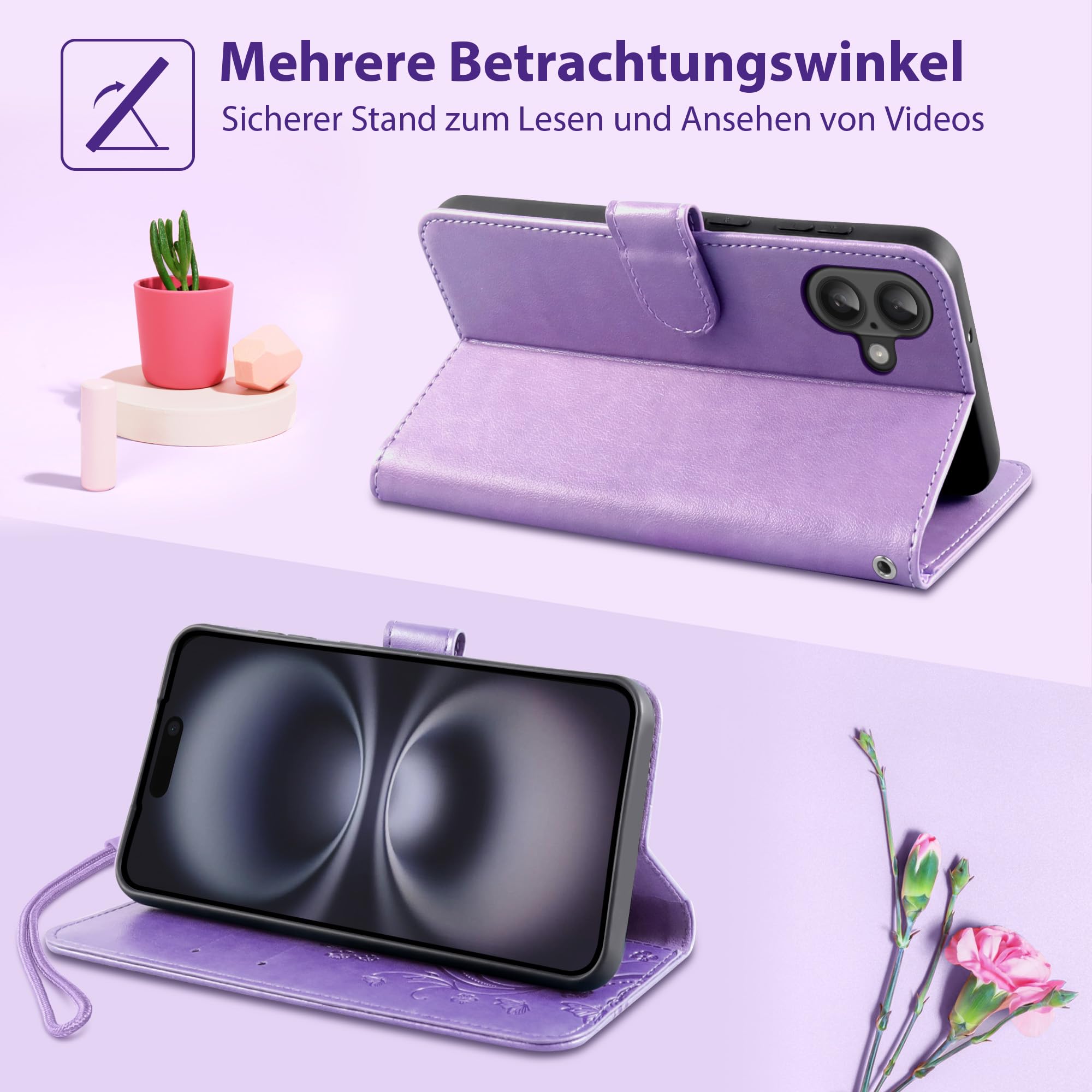 Etui na telefon komórkowy iPhone 16 z przegródką na karty, miejscem na pieniądze, stojakiem, magnetycznym zamknięciem, skórzane etui ochronne, fioletowe