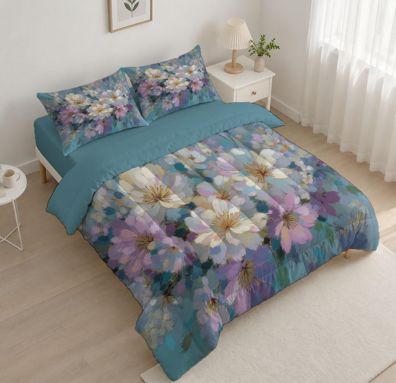Abstract Flowers Quilt Set Twin 3 Pieces, Light Blue Quilts Bedding Set Rich Floral Bouquet Bedspread Bed Cover Lightweight Spring Summer Beds Coverlet for All Season - 68"X90"