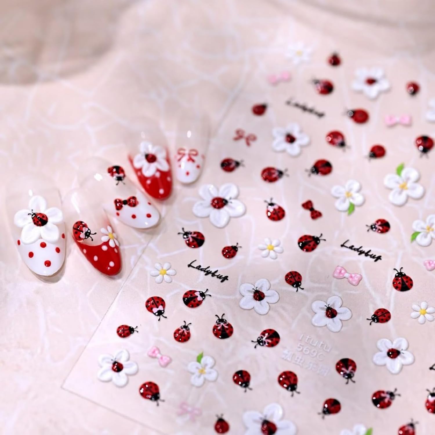 2 Sheets Cute Floral Ladybug Nail Stickers 5D Embossed White Floral Summer Nail Decals for Nail Art Nail Decoration Nail Accessories for Women DIY Manicure Supplies