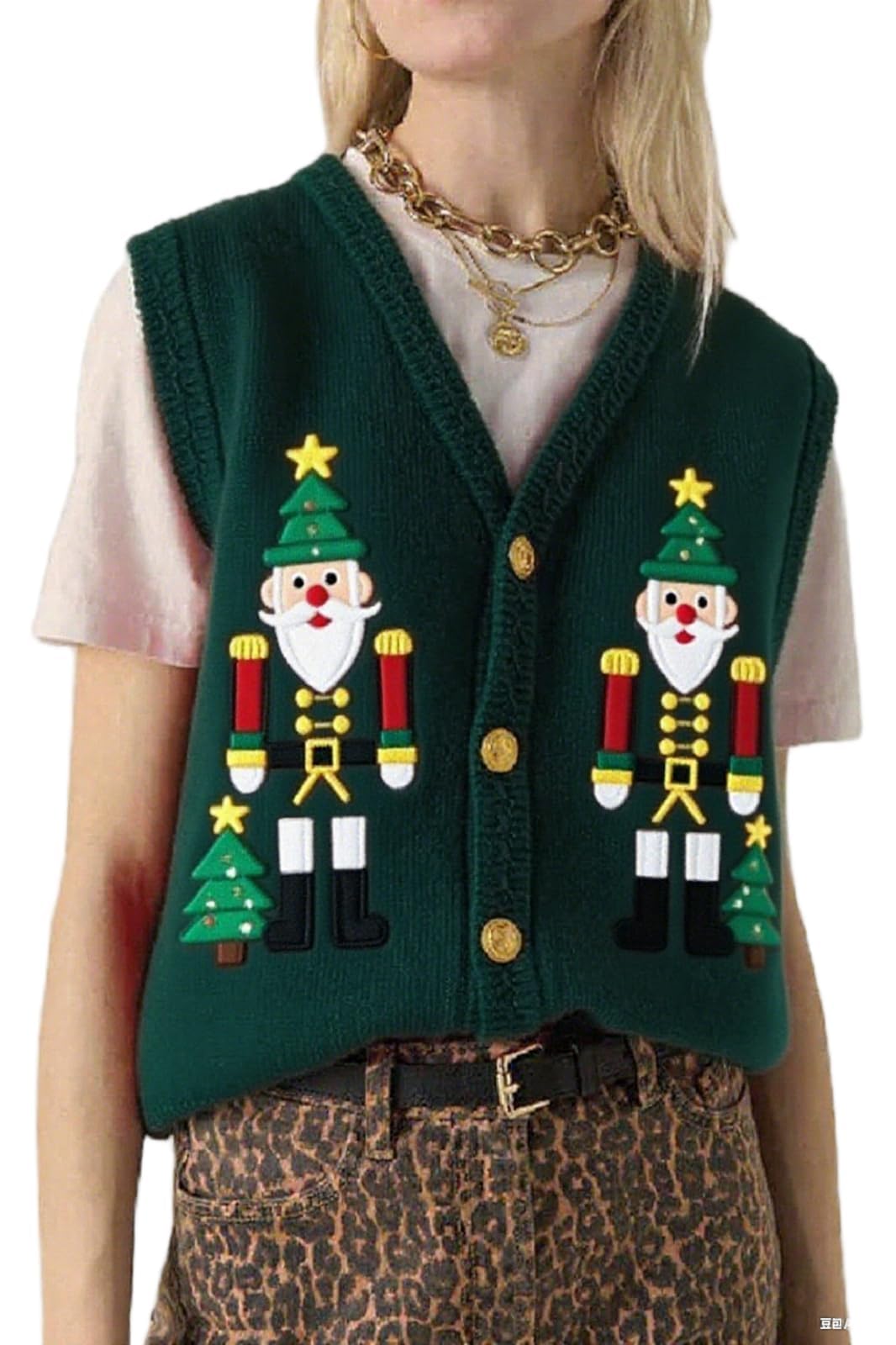 Christmas Sweater Vest for Women Button up Sleeveless Xmas Cute Embroidered Knit Cardigan Sweaters Fall Vest Tops