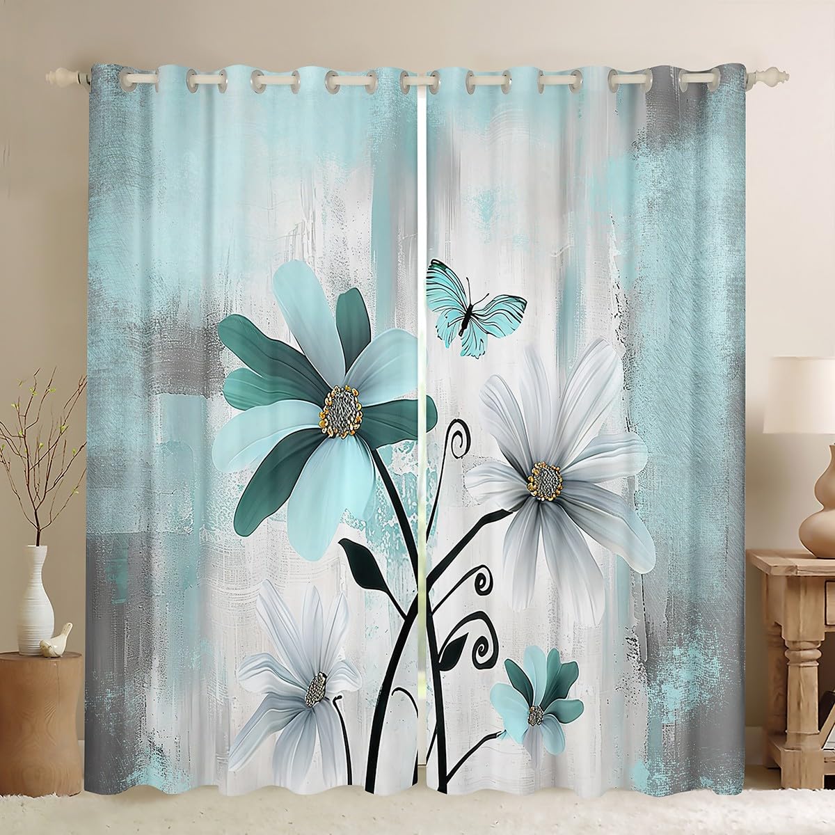 Feelyou Flower Curtains for Bedroom Living Room (2 Panels, 38 x 54 Inch) Kids Vintage Floral 30%-50% Blackout Curtains Boys Girls Butterfly Darkening Drapes Botanical Nature Theme Window Treatments