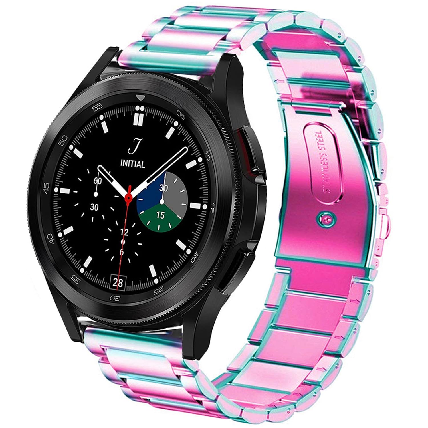 DEALELE Bands Compatible with Samsung Galaxy Watch 6/6 Classic / 5/5 Pro / 4/4 Classic / 3 41mm / Galaxy Watch 42mm, 20mm Stainless Steel Metal Replacement Strap for Women Men (Rainbow)