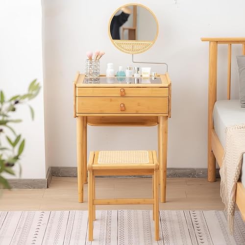 Escritorio de maquillaje para dormitorio con espejo, tocador con 2 cajones, escritorio de tocador con silla de tocador, juego de tocador de