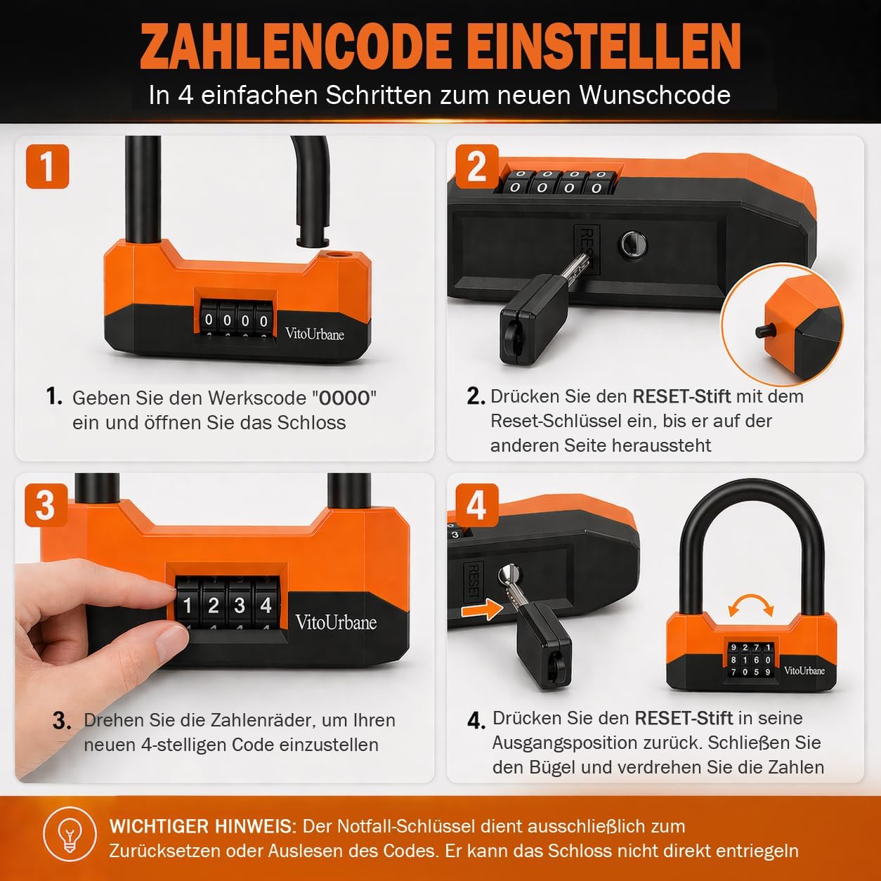 Fahrradschloss mit Zahlencode - 18 mm Fahrrad Bügelschloss und 120 cm Kette