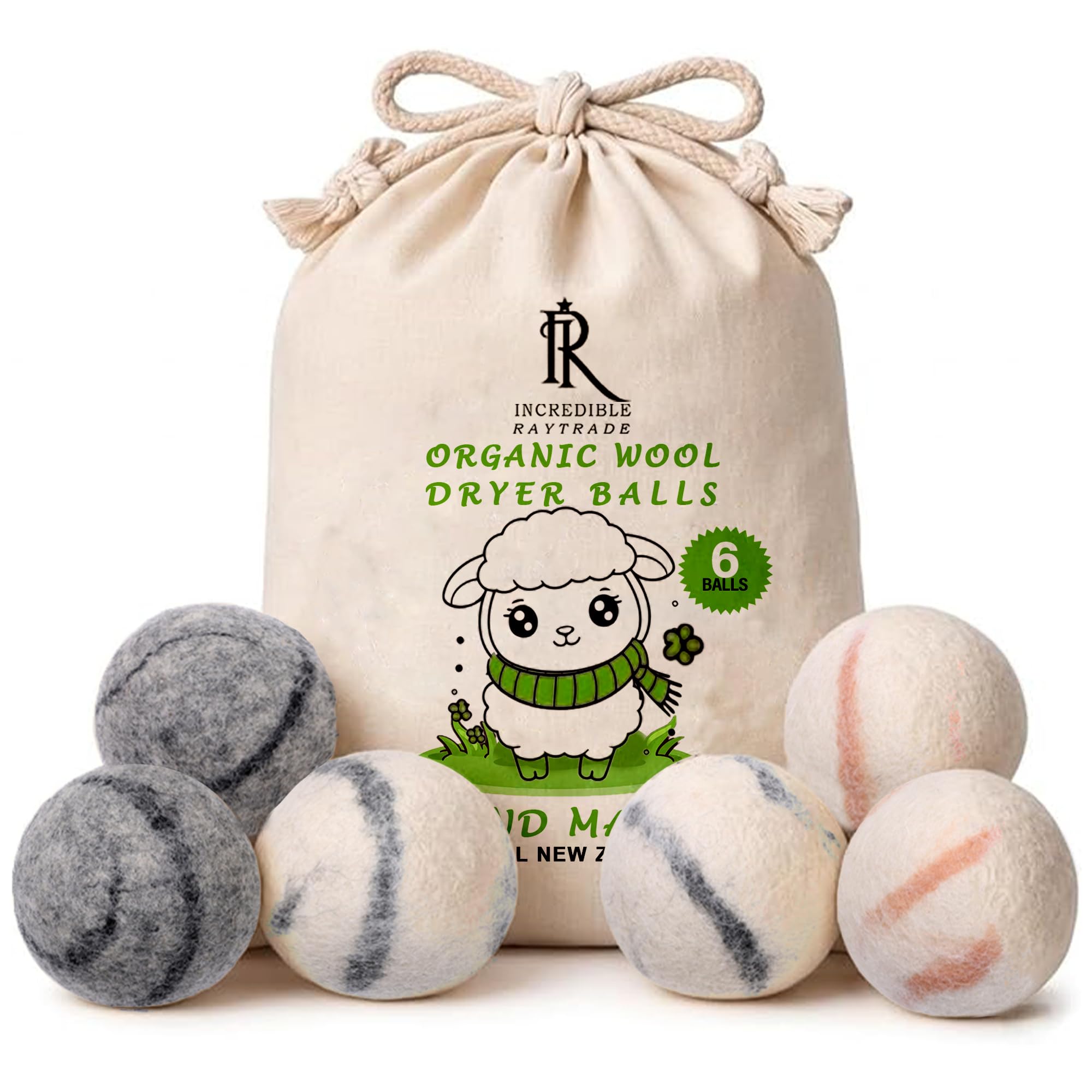 RAYTRADE Wool Dryer Balls 6-Pack 100% Made of Organic New Zealand Wool Reduces Clothing Wrinkles and Saves Drying Time Reusable Natural Fabric Softener (3 inch Round Pack of 6 Marble)