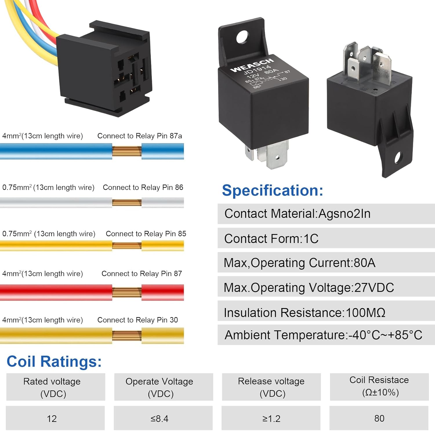 5 Pack 12V JD1914 80/60A Heavy Duty Relay with Harness, 5-Pin SPDT, 5 Wire Automotive Relay Model, for Automotive Car Marine Boat