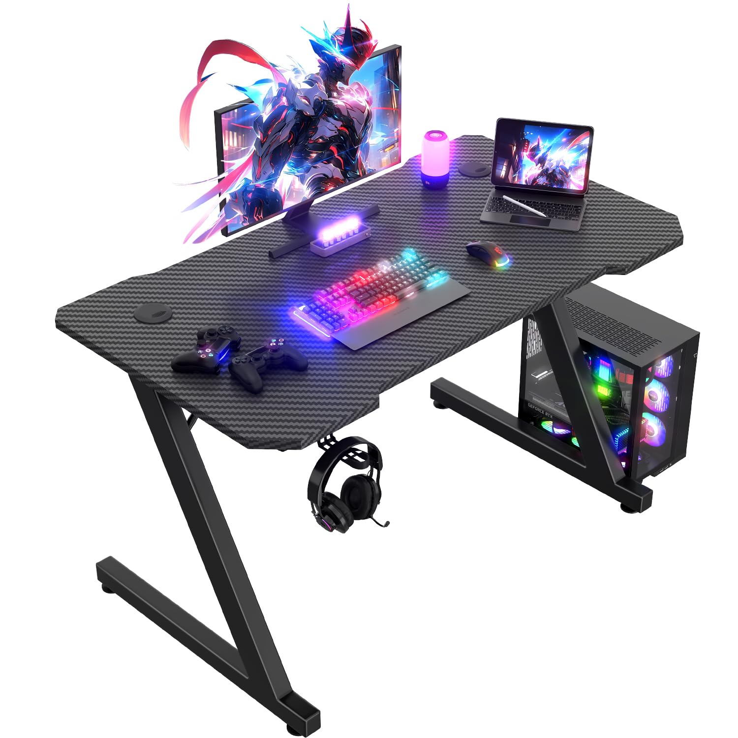 JUMMICO JUMMCO Gaming-Tisch mit Kopfhörer-Haken, 2 professionelle Kabelführungslöcher, Tischplatte aus Kohlefaser, hochwertiges schwarzes Metallgestell 100x60 cm
