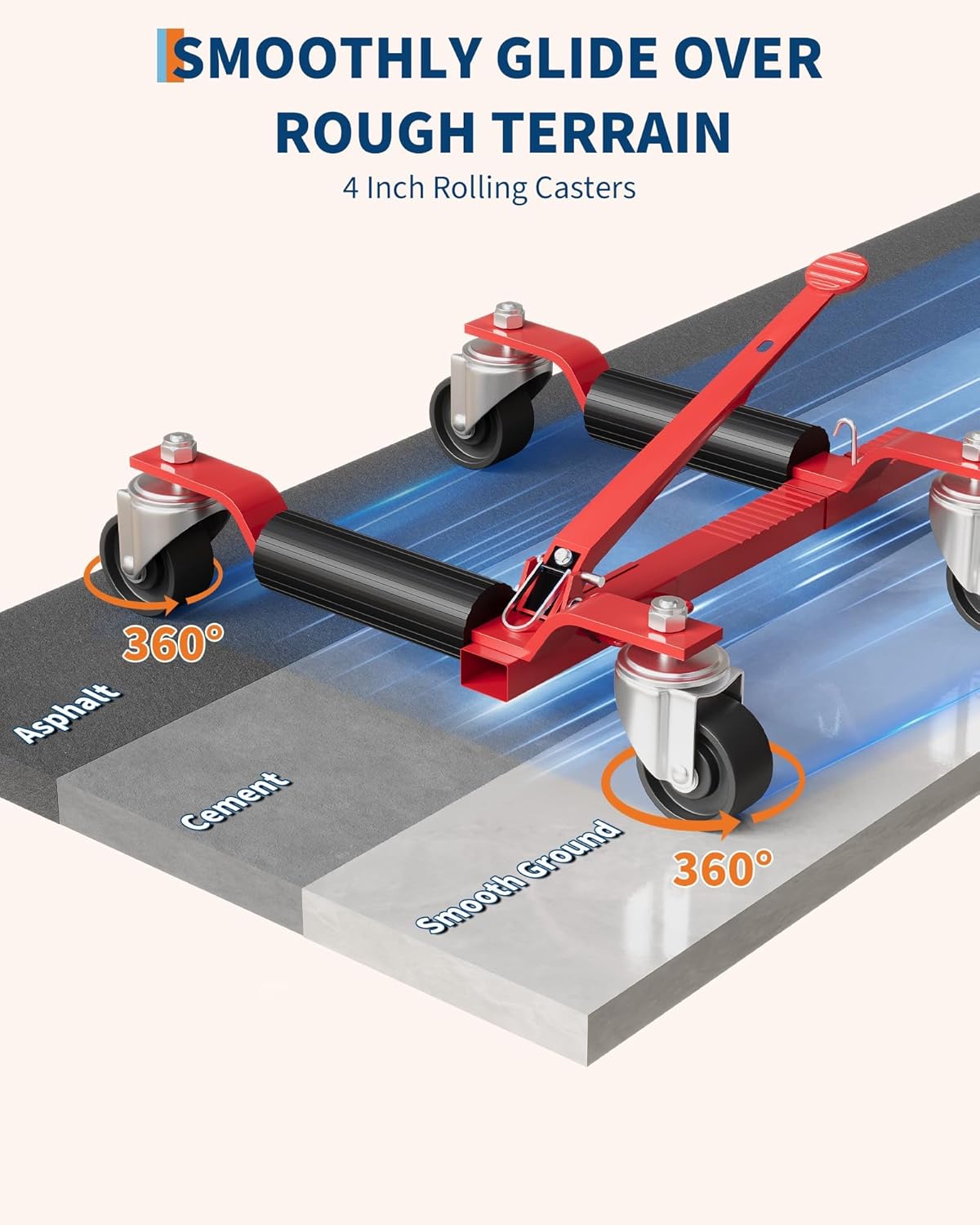 4-Pack Mechanical Wheel Dollies, 1500 lbs Capacity Each Heavy Duty Vehicle Positioning Jacks with Ratcheting Foot Pedal, 360° Swivel Casters for Auto Repair, Garage, Tire Moving (Red)