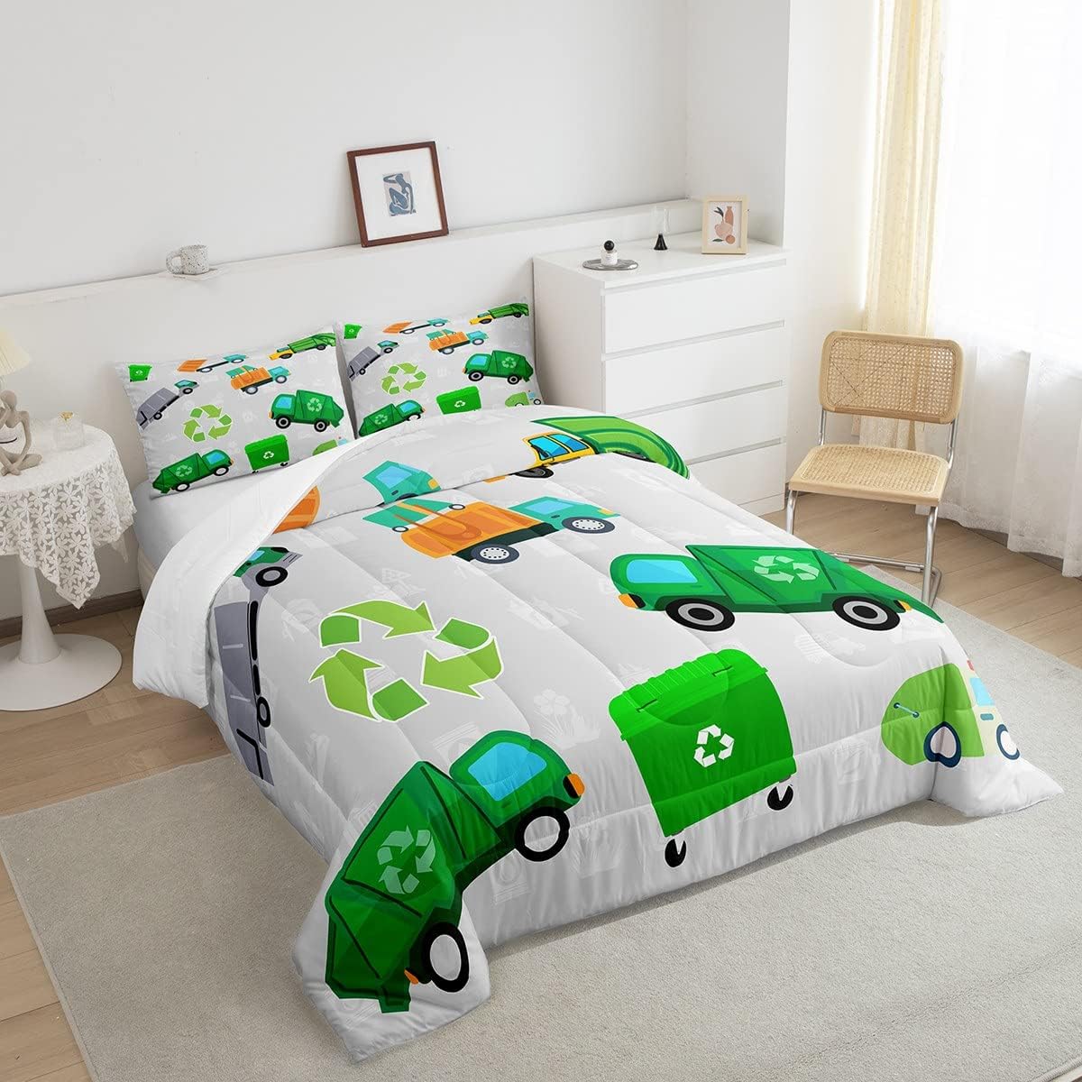 Feelyou Green Garbage Truck Bedding Set - Cartoon Trash Truck Comforter Set for Kids Boys Girls Teens - Green Vehicle Car Comforter Duvet Set with 1 Pillow Case image 4