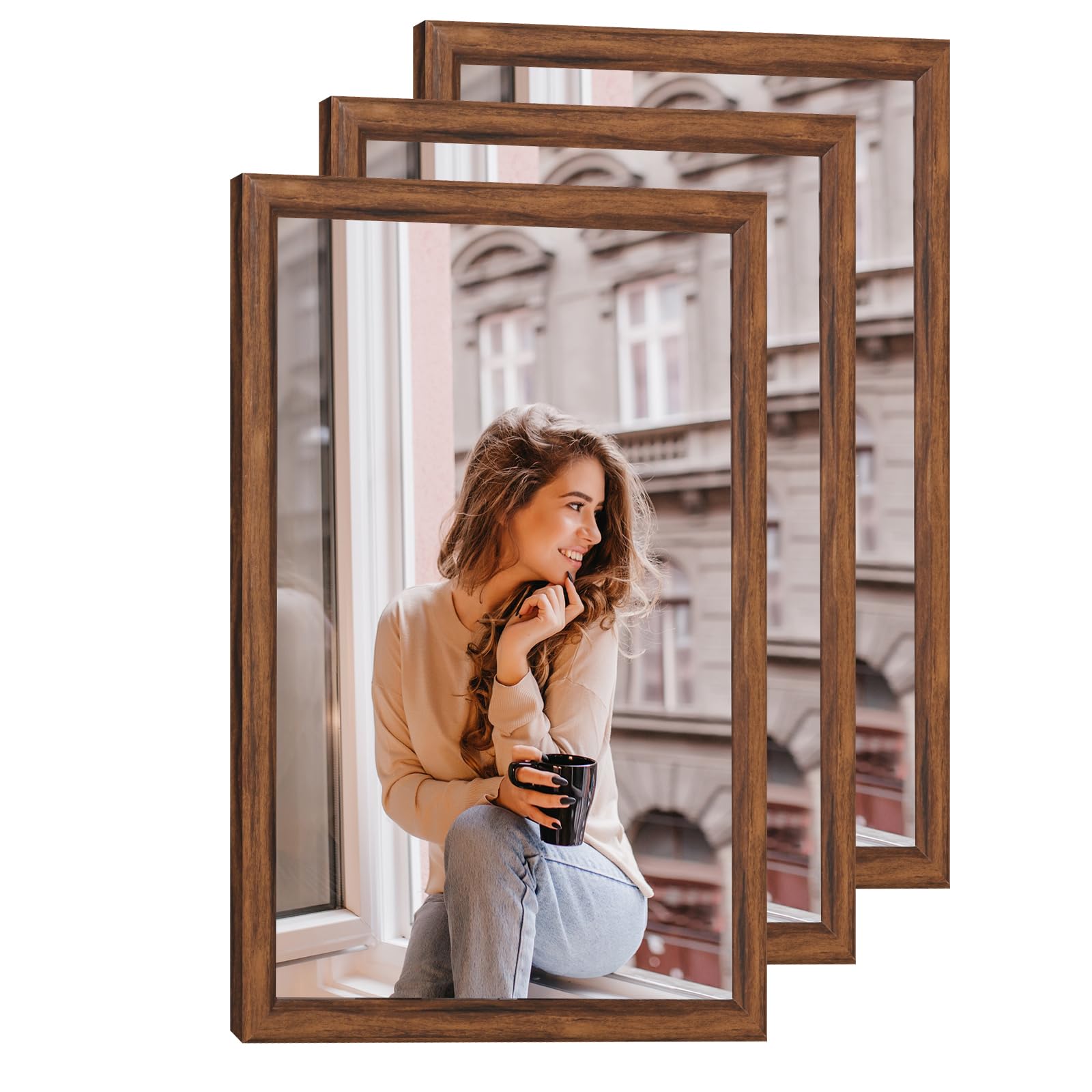 Photo 1 of 3 Pack 14x17 Wood Picture Frame Brown, Rustic Natural 17x14in frame Woodgrain, Distressed Brown 14 x 17 in Wall Photo Poster Frame with HD Plexiglass, Horizontal Vertical Wall Mounting Set of 3