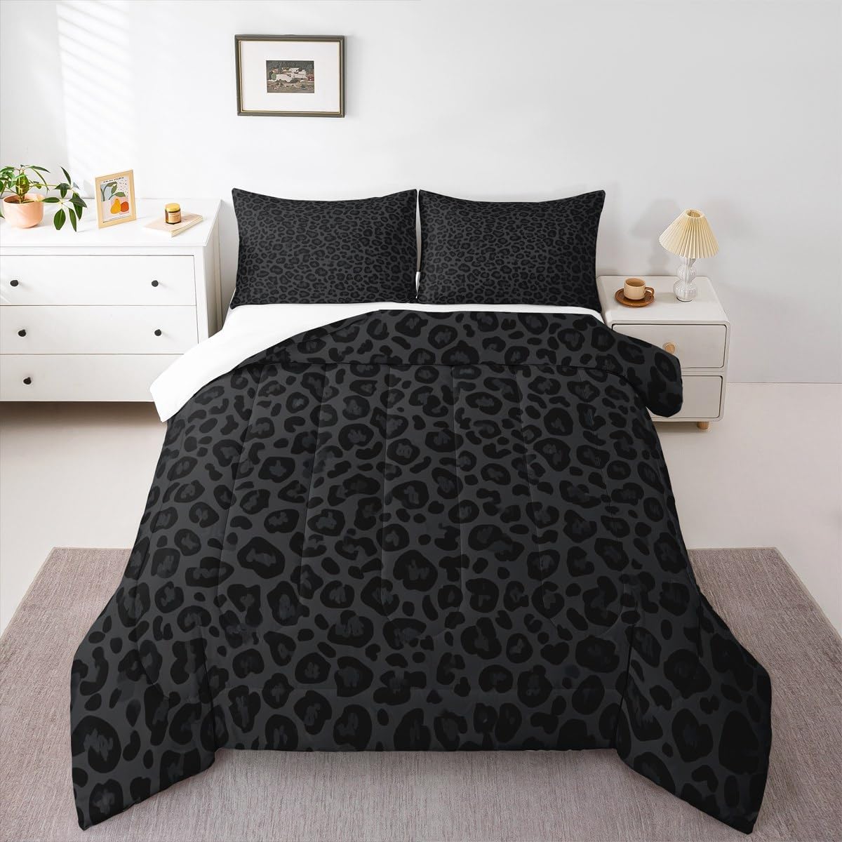 Leopard Print Kids Comforter Set King Size,Abstract Cheetah Skin Texture Bedding Set,Girls Boys Women Room Decor,Rustic Farmhouse Retro Down Comforter,Black Noble Duvet Insert,2 Pillowcases