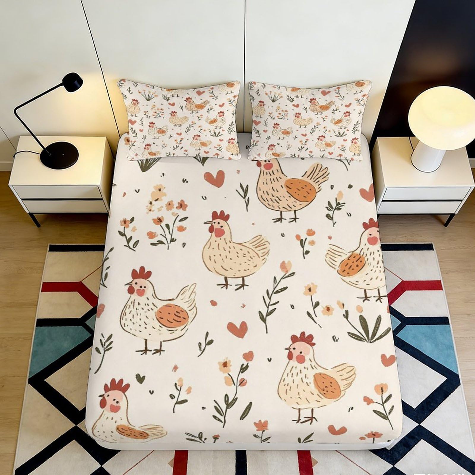 3D Printed Chicken Floral Fitted Sheet Microfiber Soft Non-slip Bed Cover for Bedroom Dorm Mattress Protection 200x200x25cm