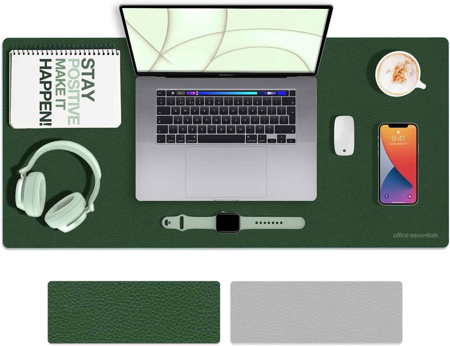 TECO-Office Essentials-Dual Sided Large Desk Pad, PU Leather Large Home/Office Desk Mat, Writing Pad, Waterproof Desk Protector, Blotter, Large Mouse Mat, (80cm x 40cm), Green/Grey
