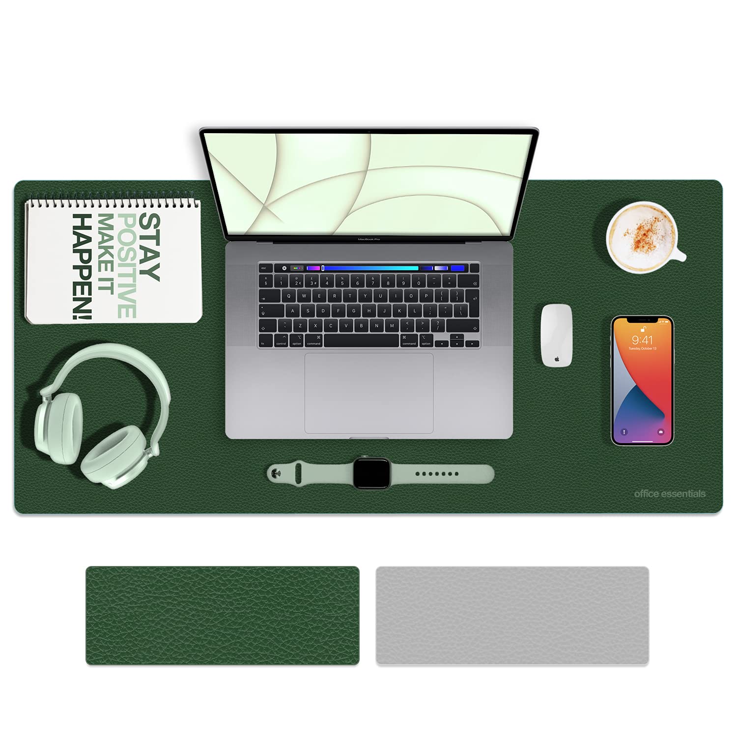 TECO-Office Essentials-Dual Sided Large Desk Pad, PU Leather Large Home/Office Desk Mat, Writing Pad, Waterproof Desk Protector, Blotter, Large Mouse Mat, (80cm x 40cm), Green/Grey