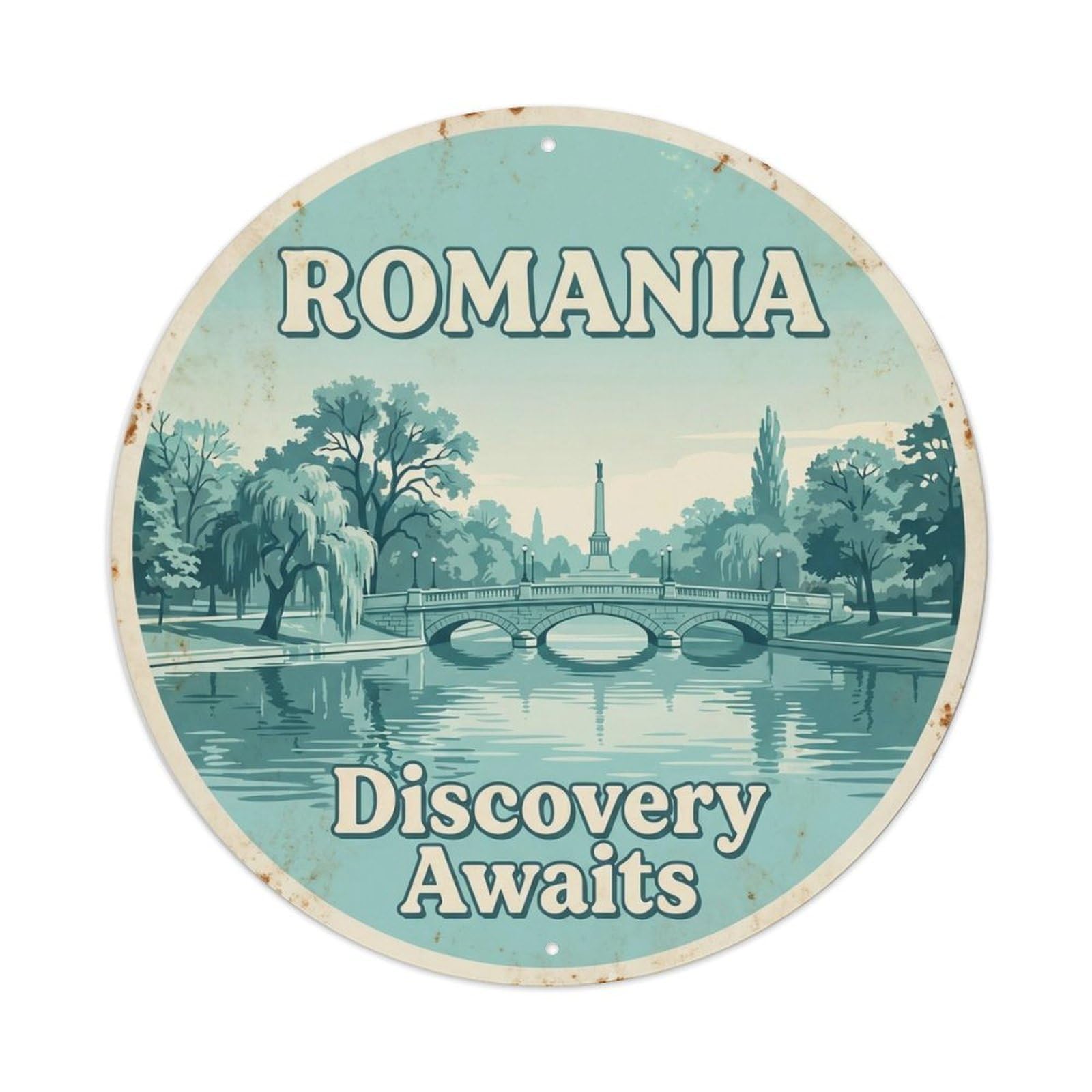 Vintage Travel Romania Capital Discovery Metal Tin Sign