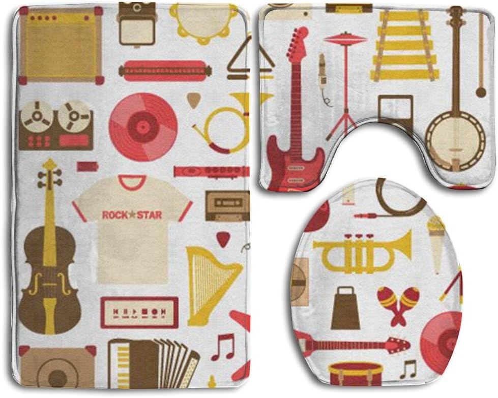 Music Equipment Oblong Bathroom Rugs Set Easy Clean Bath