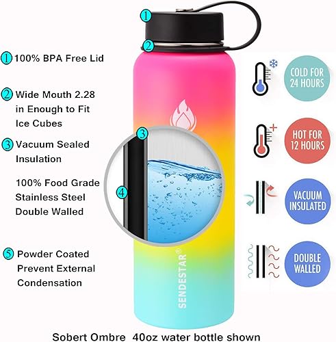 Miniatura 2 de Botella Sendestar de acero inoxidable, 2 o 3 tapas, 18 onzas, 24 onzas, 32 onzas, 40 onzas, 64 onzas, 87 onzas, doble pared aislada al vacío, a