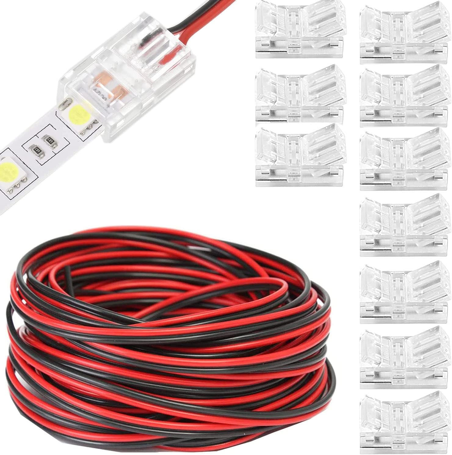 RUNCCI-YUN 20m LED Strip Extension Cable 2 Pin Cable 12V LED DC 5V - 24V 22AWG LED Power Extension Cable for SMD 3528 2835 LED Strip+10 2 Pin 8mm LED Strip Connectors