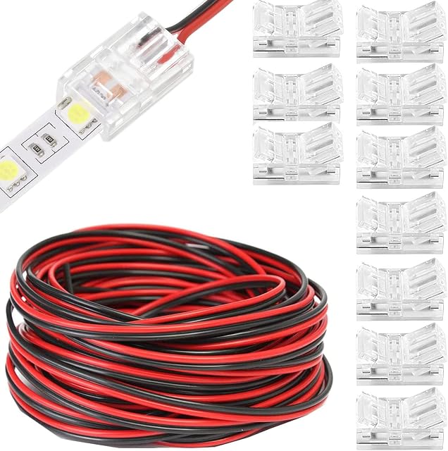 RUNCCI-YUN 3528 2835 2 Pin 8mm RGB LED Light Connector Kit, Includes 20 M led Extension Cable,2 Pin LED Light Connector,Gapless Connector, for 8mm LED Strip to Wire Quick Connection