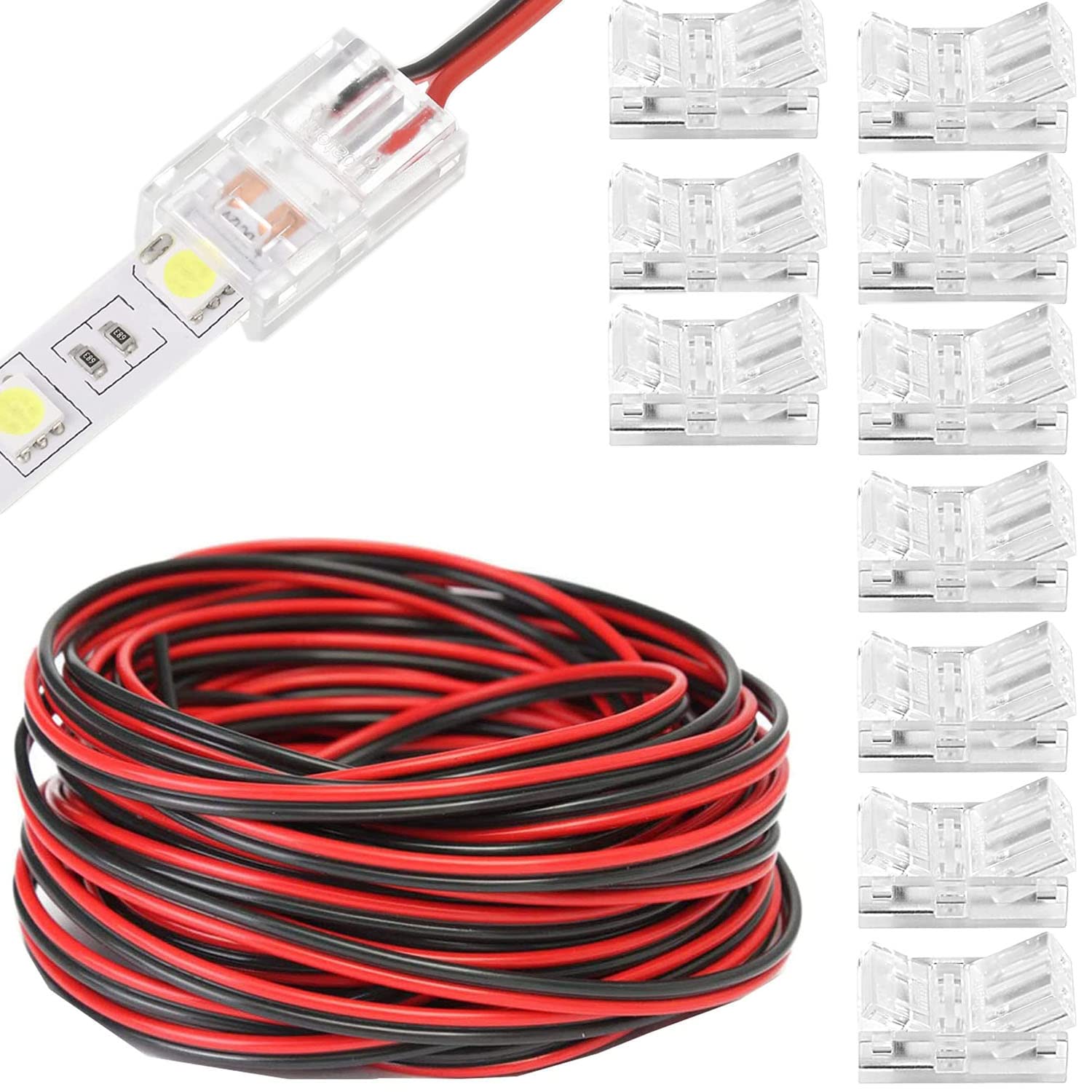 RUNCCI-YUN 20m Cable Extensión Tira LED Cable de Conexión DC 12V Cinta LED 2 Pin Cable Conector Banda LED Separable Extensio, sin pelar el cable 8mm Conectores de Tira de Luz LED de conexión rápida