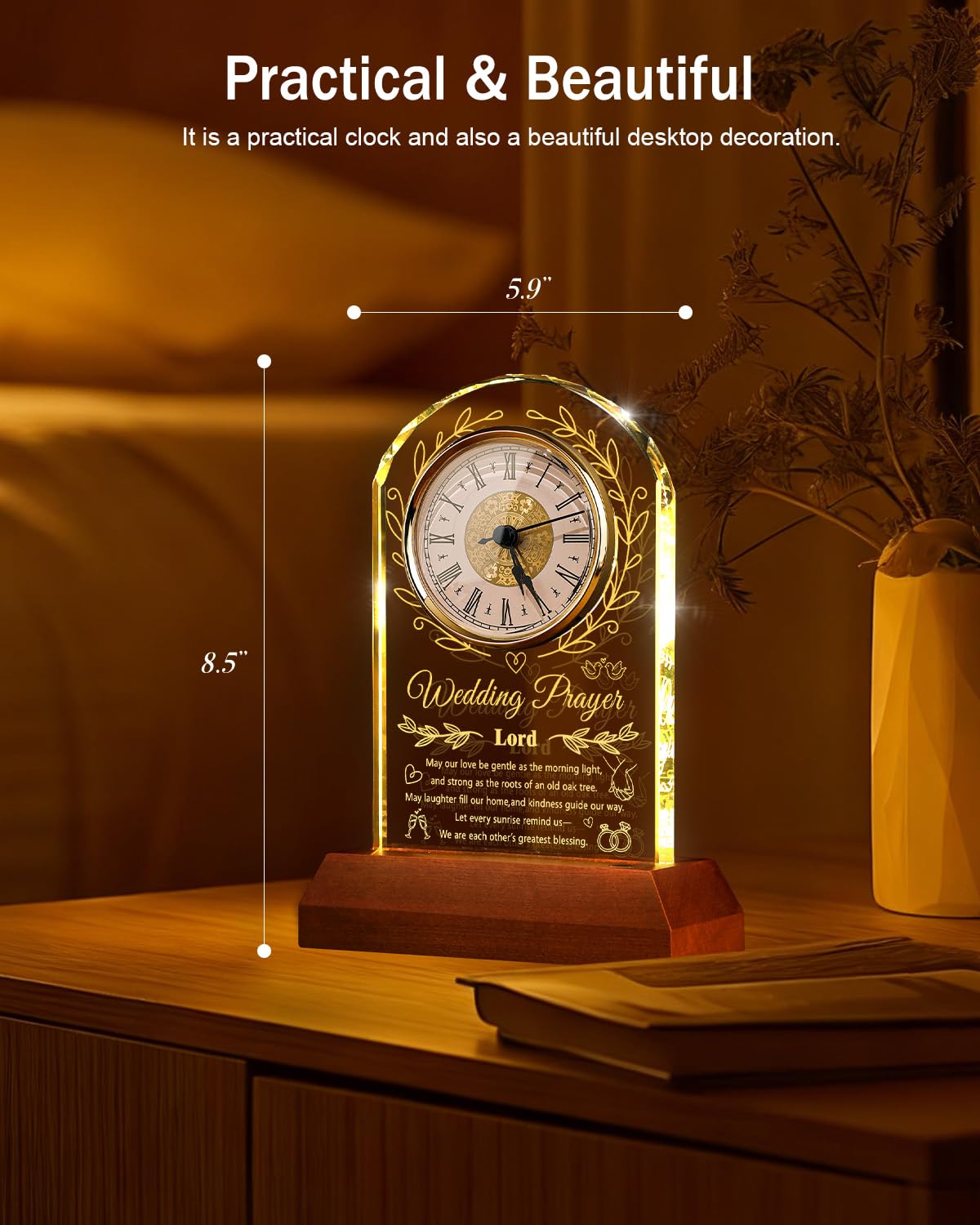 Reloj de cristal para parejas 2026 con base de luz de madera, regalo de matrimonio de feliz aniversario, regalo único de compromiso para recién casados, señor y señora