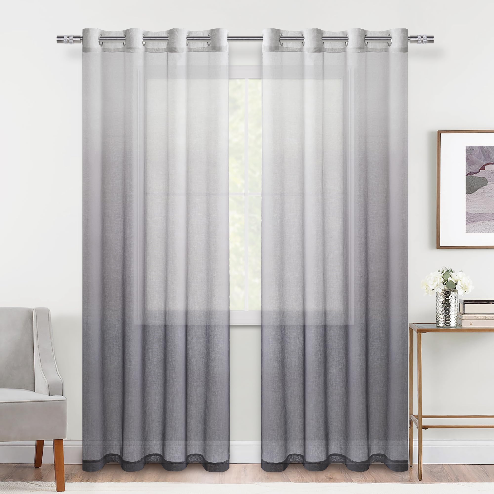 DWCN Grey Ombre Sheer Curtains - Gradient Semi Voile Grommet Top Window Curtains for Bedroom and Living Room, Set of 2 Panels, 52 x 84 Inches LongRecycled Claim Standard Blended