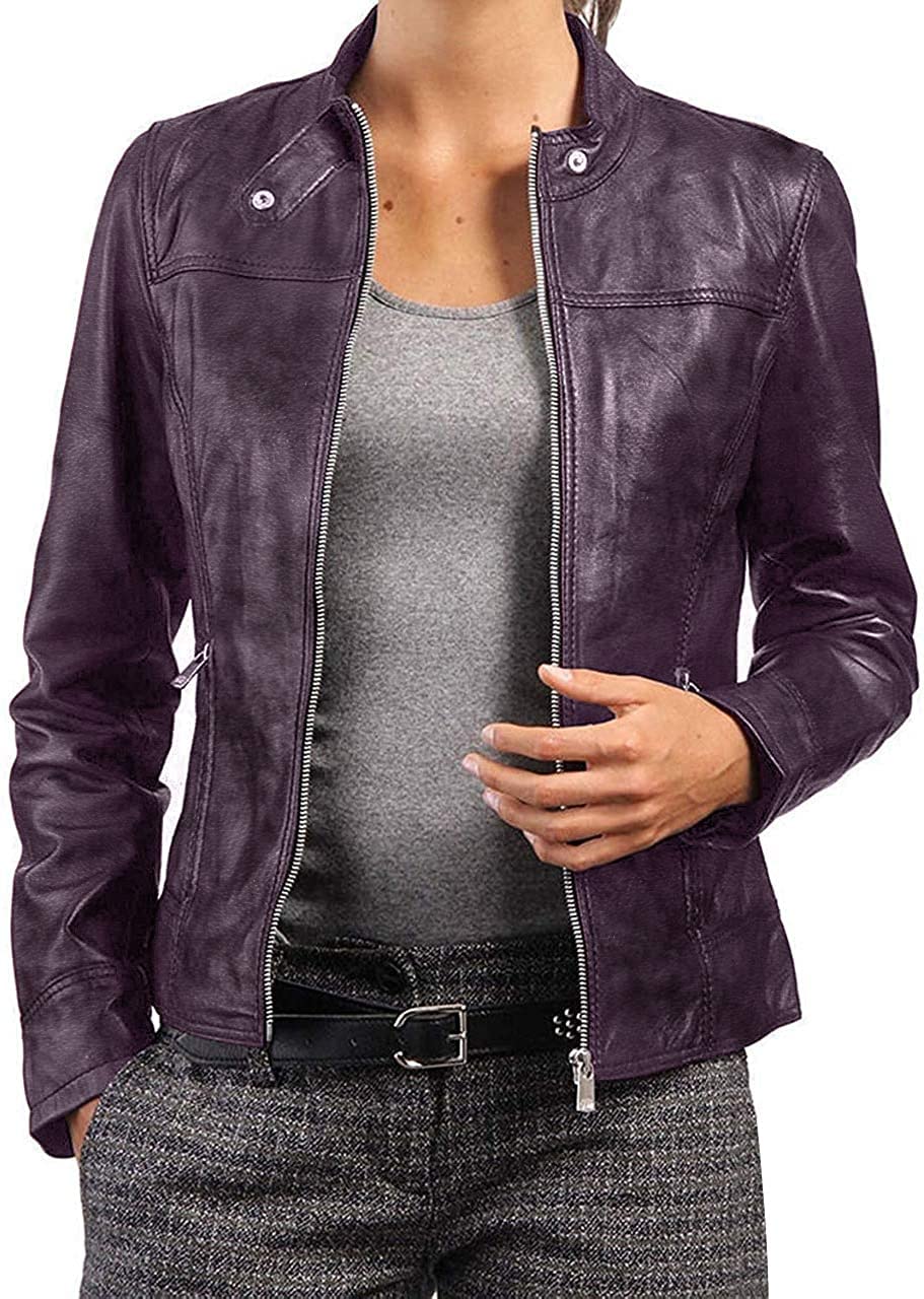 Hafsah Women’s Real Leather Asymmetric Biker Jacket-Real Lambskin Leather Jackets for Women |Classic Biker Style Leather jacket for ladies | Slim fit moto Leather Jacket (Violet, m)