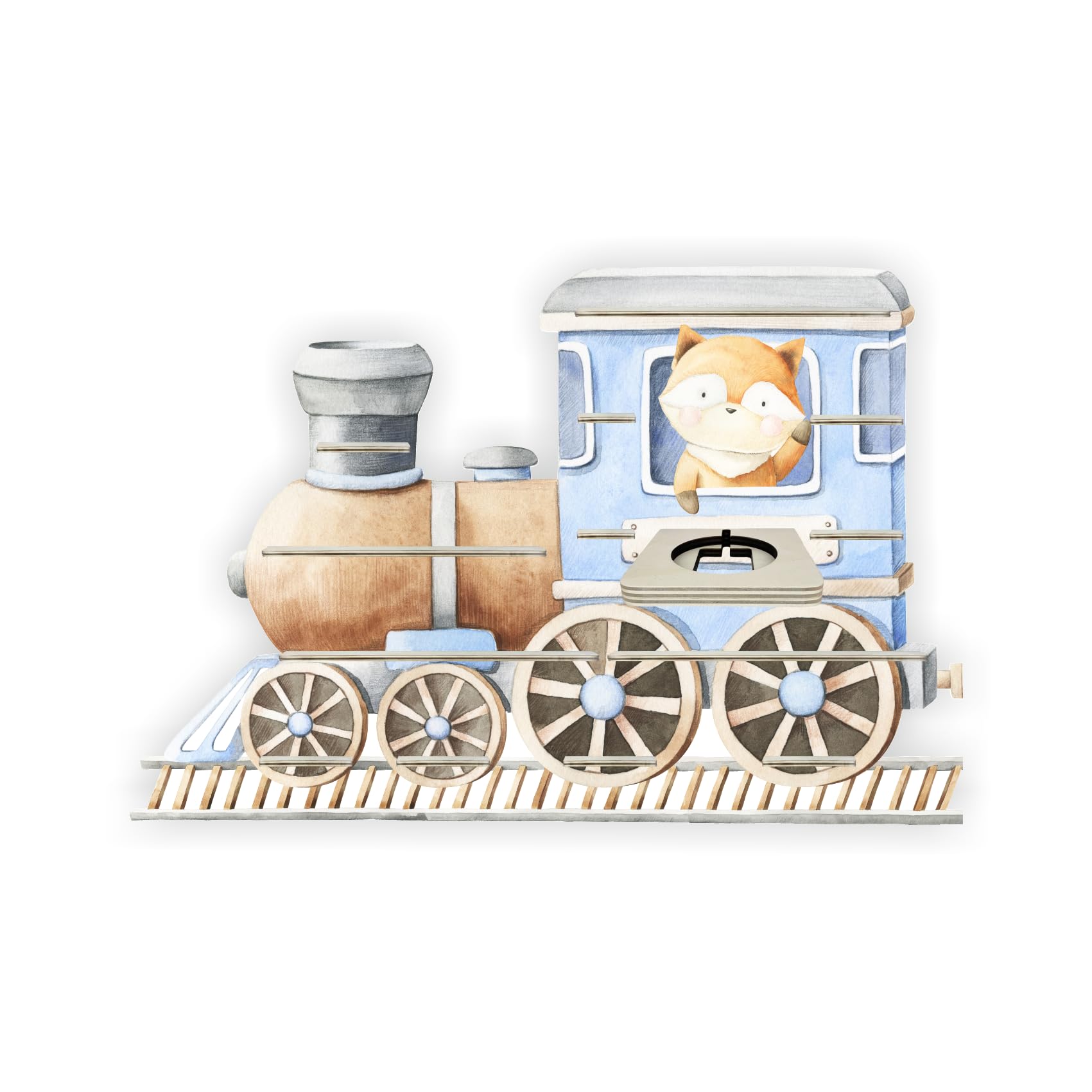 Farbklecks-Collection Musikboxregal Lokomotive mit Fuchs, Wandregal für bis zu 50 Hörfiguren, Maße 6 x 73 x 48 cm, mit speziellem Ablagefach kompatibel mit Toniebox, handgefertigt in Deutschland