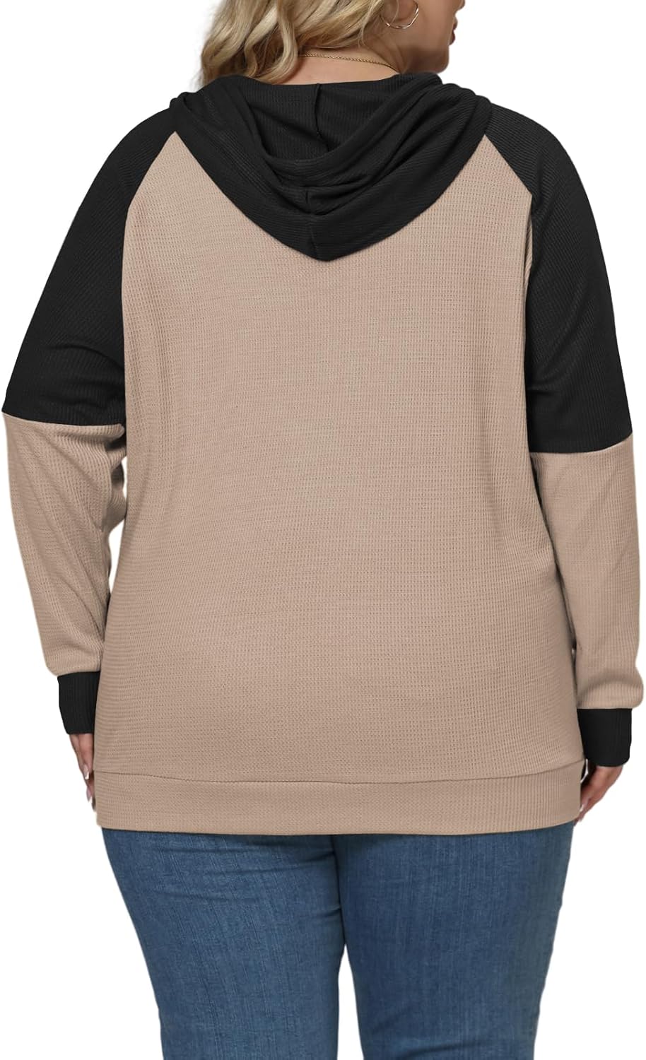 VISLILY Plus-Size-Hoodies for Women Trendy Color Block Tops Raglan Long Sleeve Drawstring Button Hooded Waffle Sweatshirts - Image 5