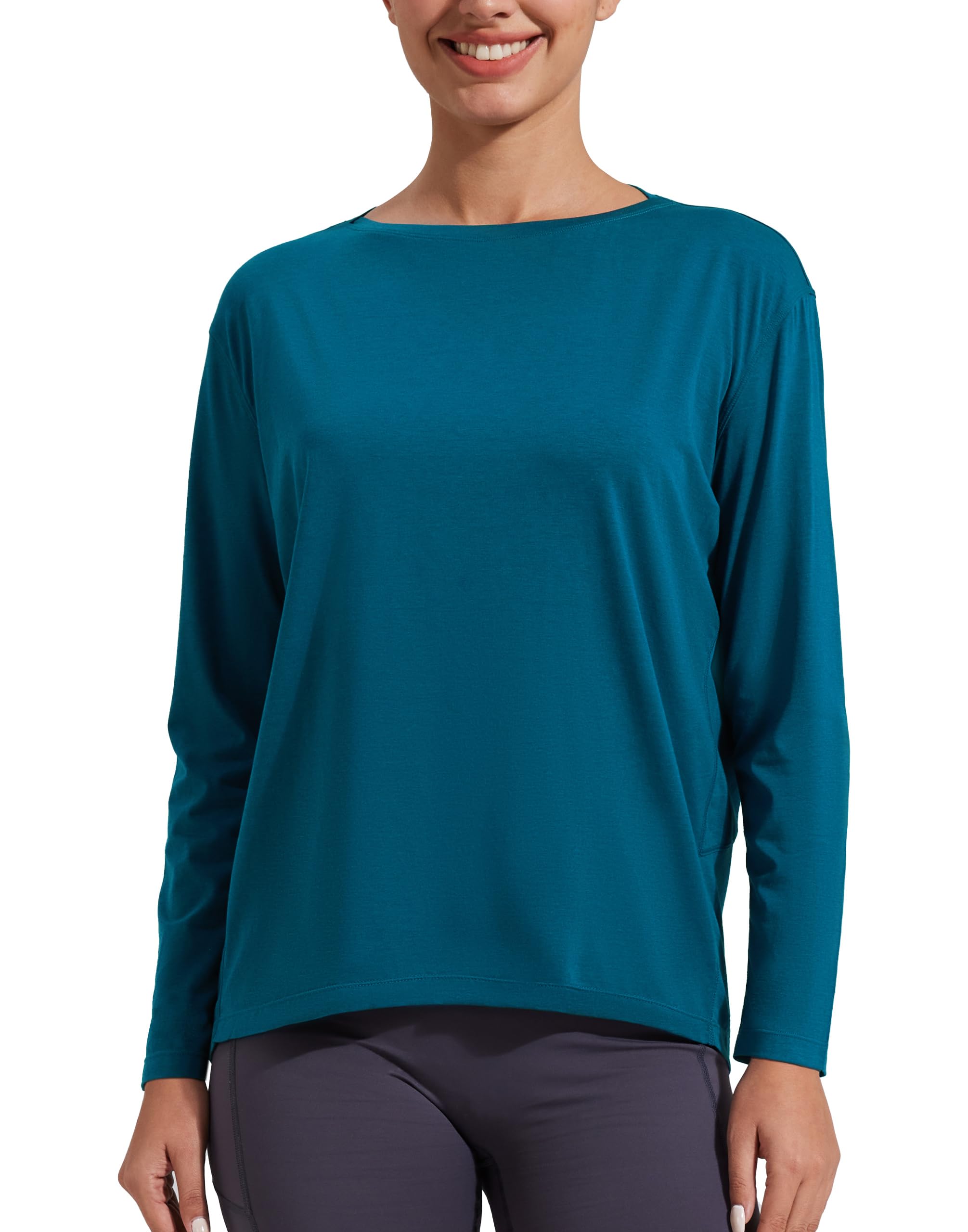 Pioneer Camp Camisetas de entrenamiento de manga larga de viscosa de bambú para mujer, ajuste holgado, cuello barco, yoga, atléticas, camisetas casuales