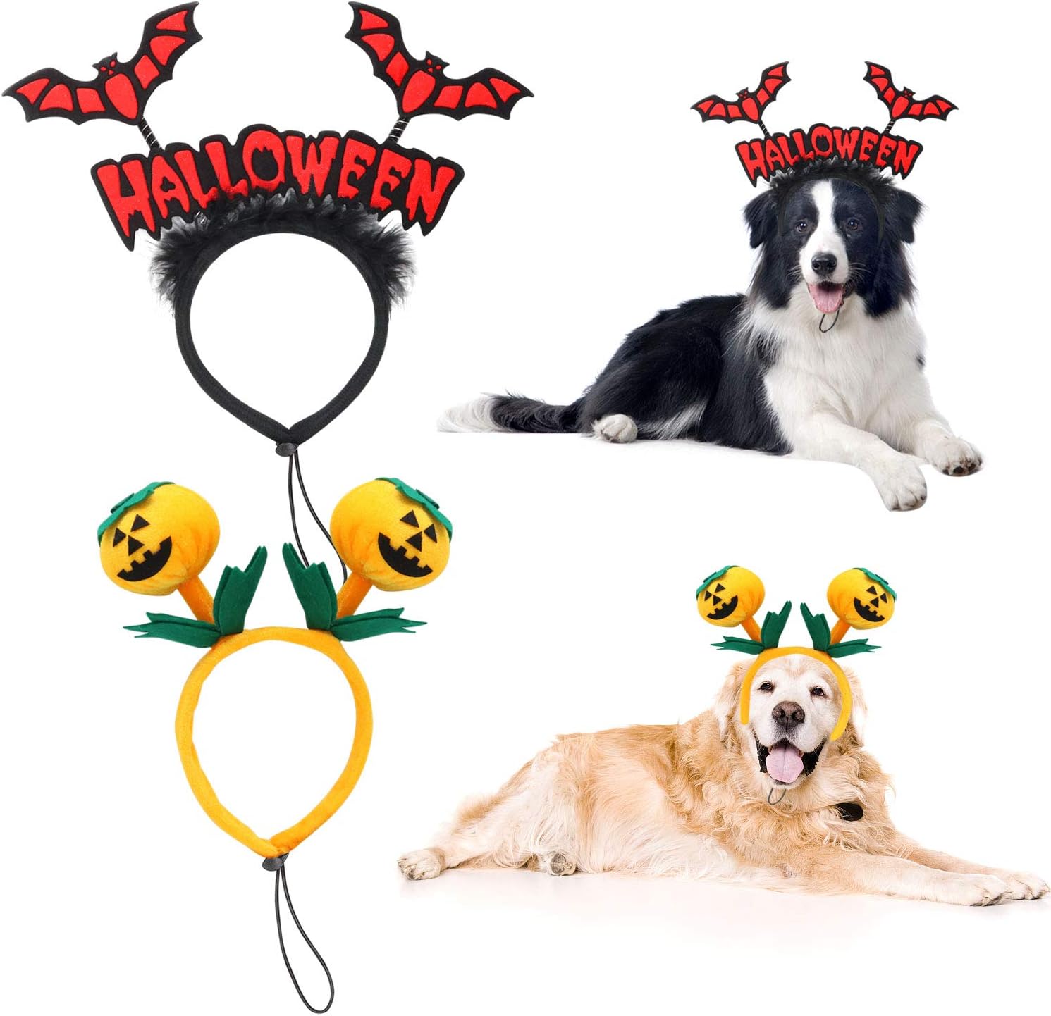 BWOGUE 2 Pack Dog Halloween Headband Pumpkin & Red Bat Halloween Headwear Pet Halloween Costume Accessories for Medium Large Dogs