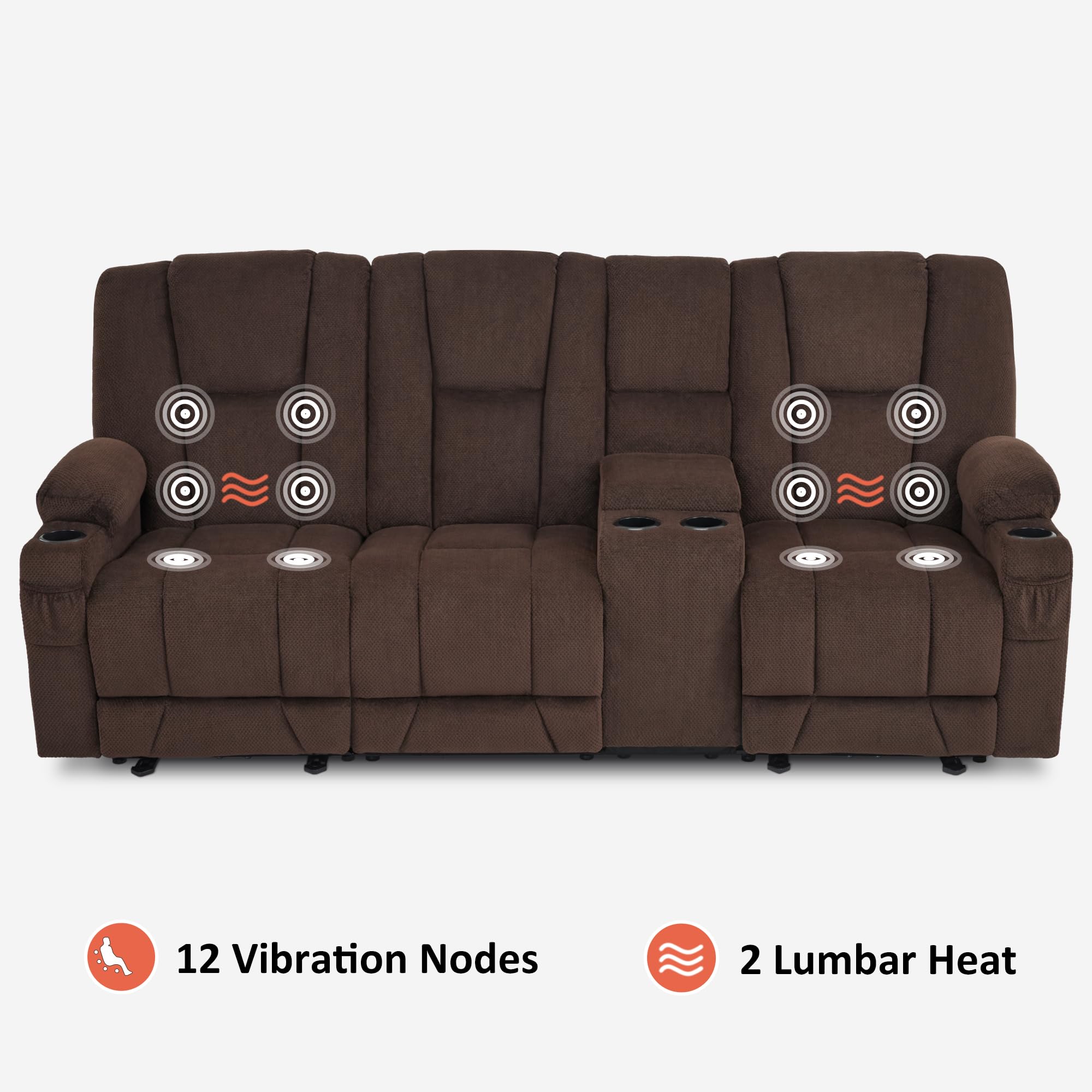 MCombo Zero Gravity Power Reclining Sofa with Console, Heat and Vibration Massage, 3 Seater Reclining Couch with USB Ports, Cup Holders for Living Room, Fabric 6035SET (Brown)