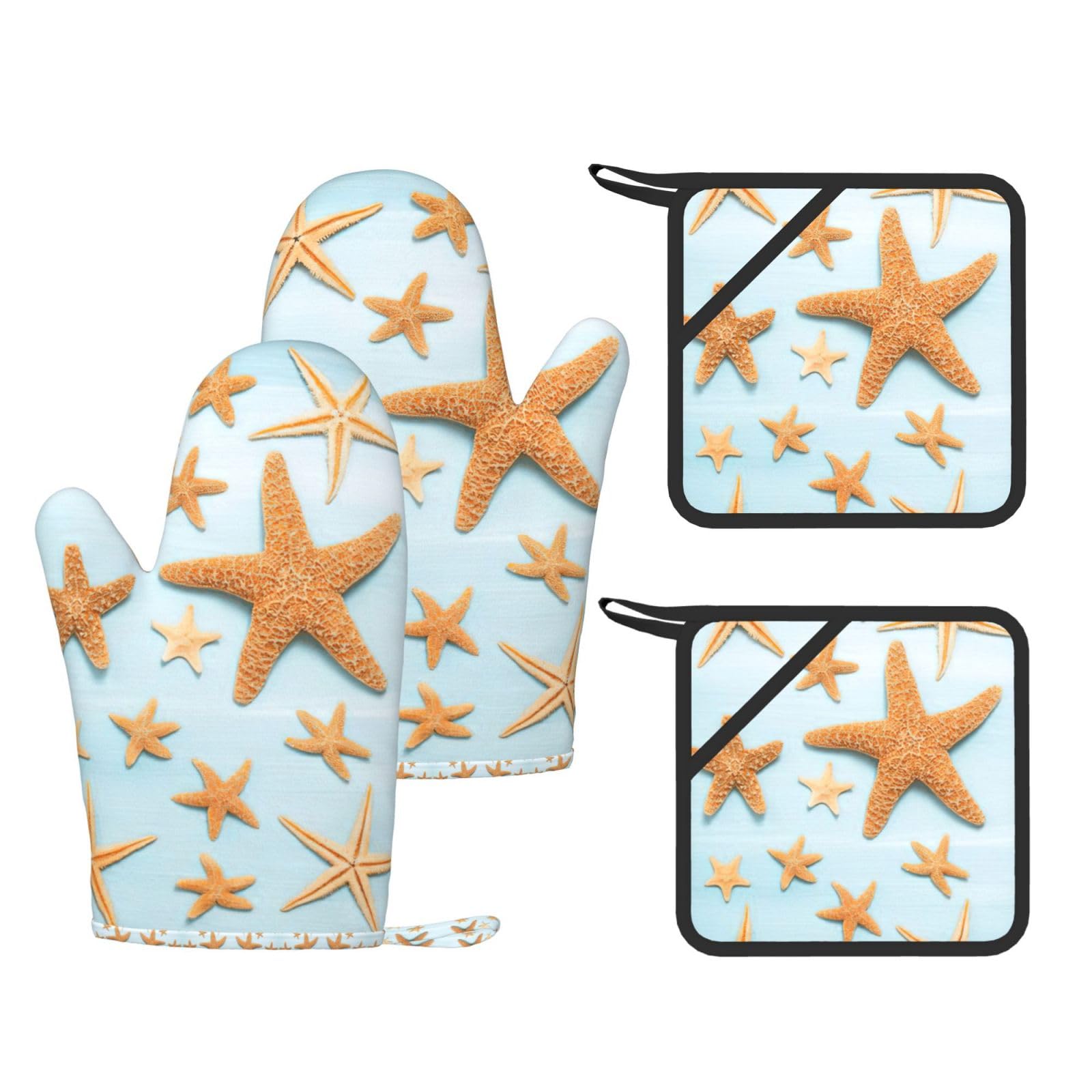 3D Beautiful Maritime Summer Starfish Printed Oven Mitts and Pot Holders Set of 4, Heat Resistant Silicone Gloves for Baking Grilling