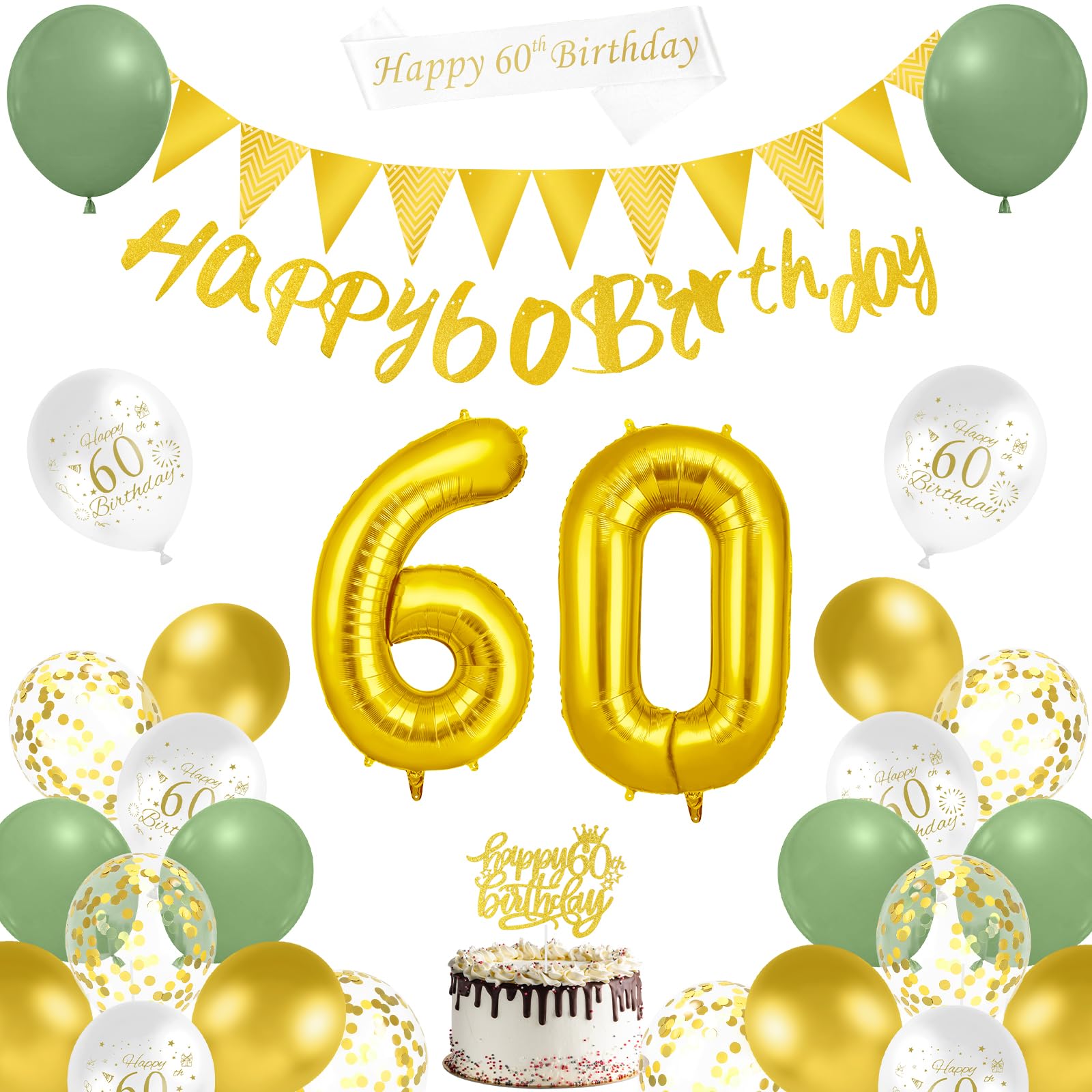 AUAUY 60th Birthday Decorations, Sage Green Gold for 60th Party Decor