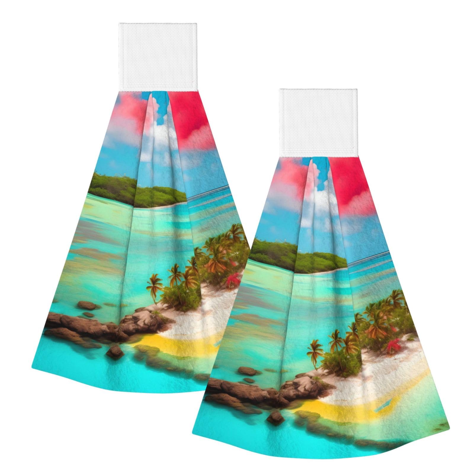 WUPngg Caribbean Scenery Bathroom Tie Towels/Dish Cloth,Kitchen Hanging Towel, Coral Fleece Dry Cleaning Hand Dishcloths One Size