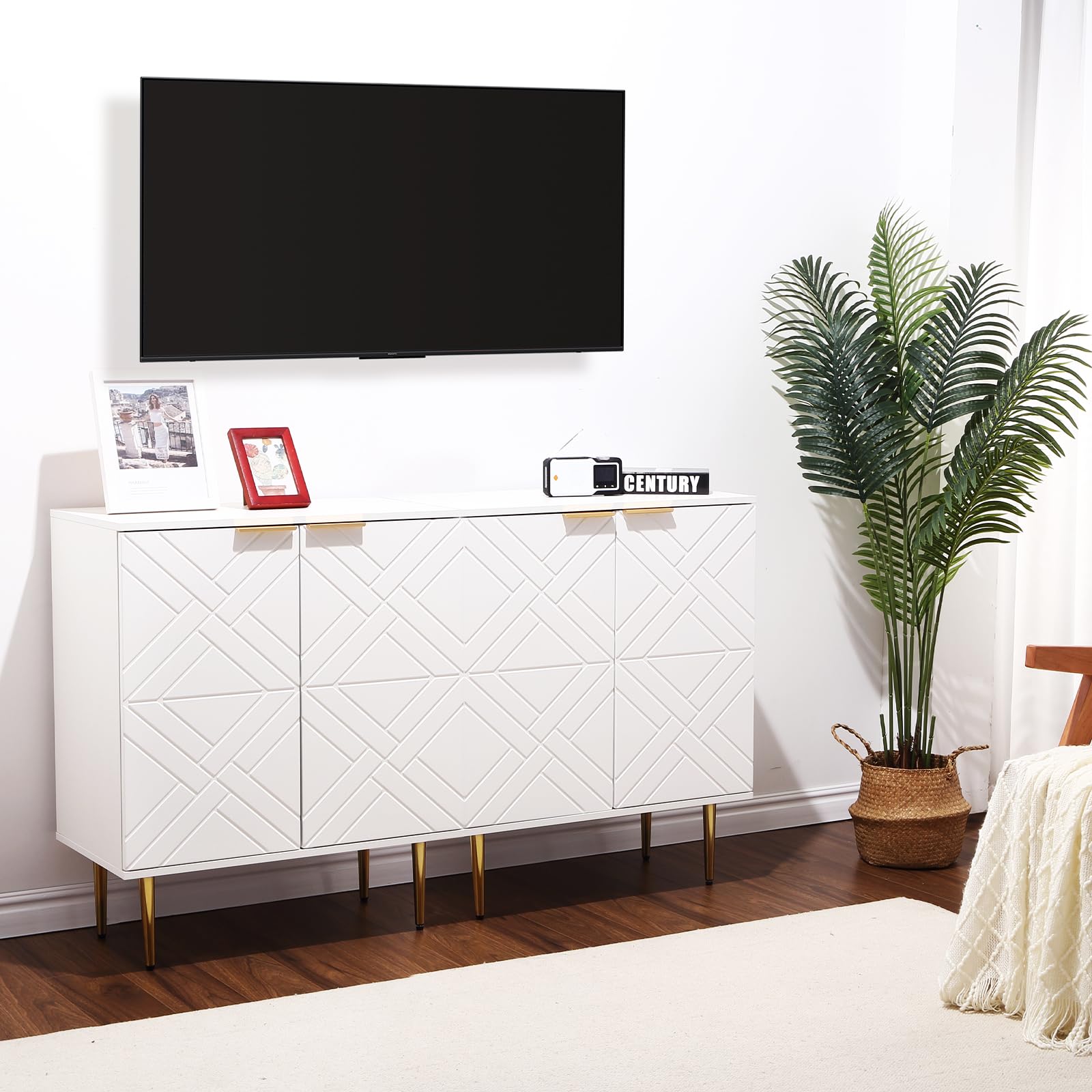 Garvee Aparador Moderno de Madera - Puertas Decorativas en Relieve - Estantes y Gran Capacidad de Almacenamiento - para Comedor, Cocina, Entrada o Pasillo - Ideal como Buffet o Armario para vajilla -