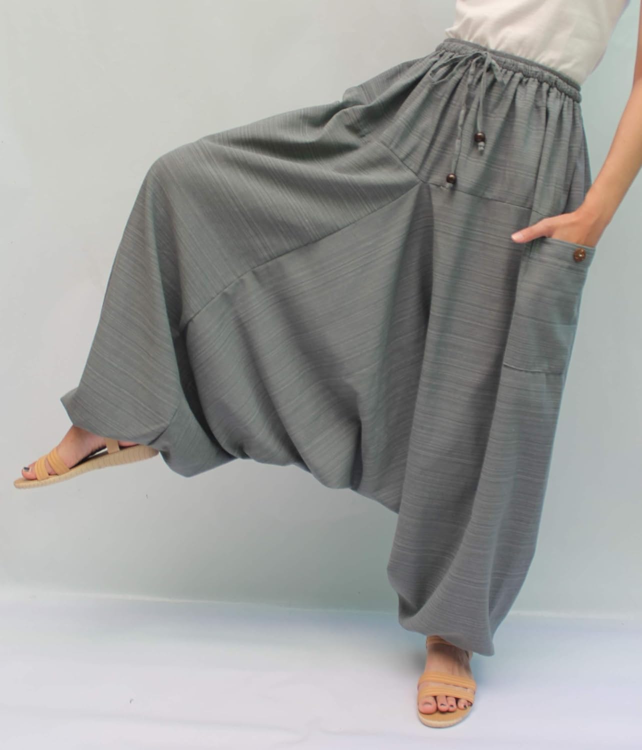Wynnthaishop'100% Cotton Baggy Boho Aladin Yoga Harem Pants (S-XL for Waist for 26" - 42", Gray)