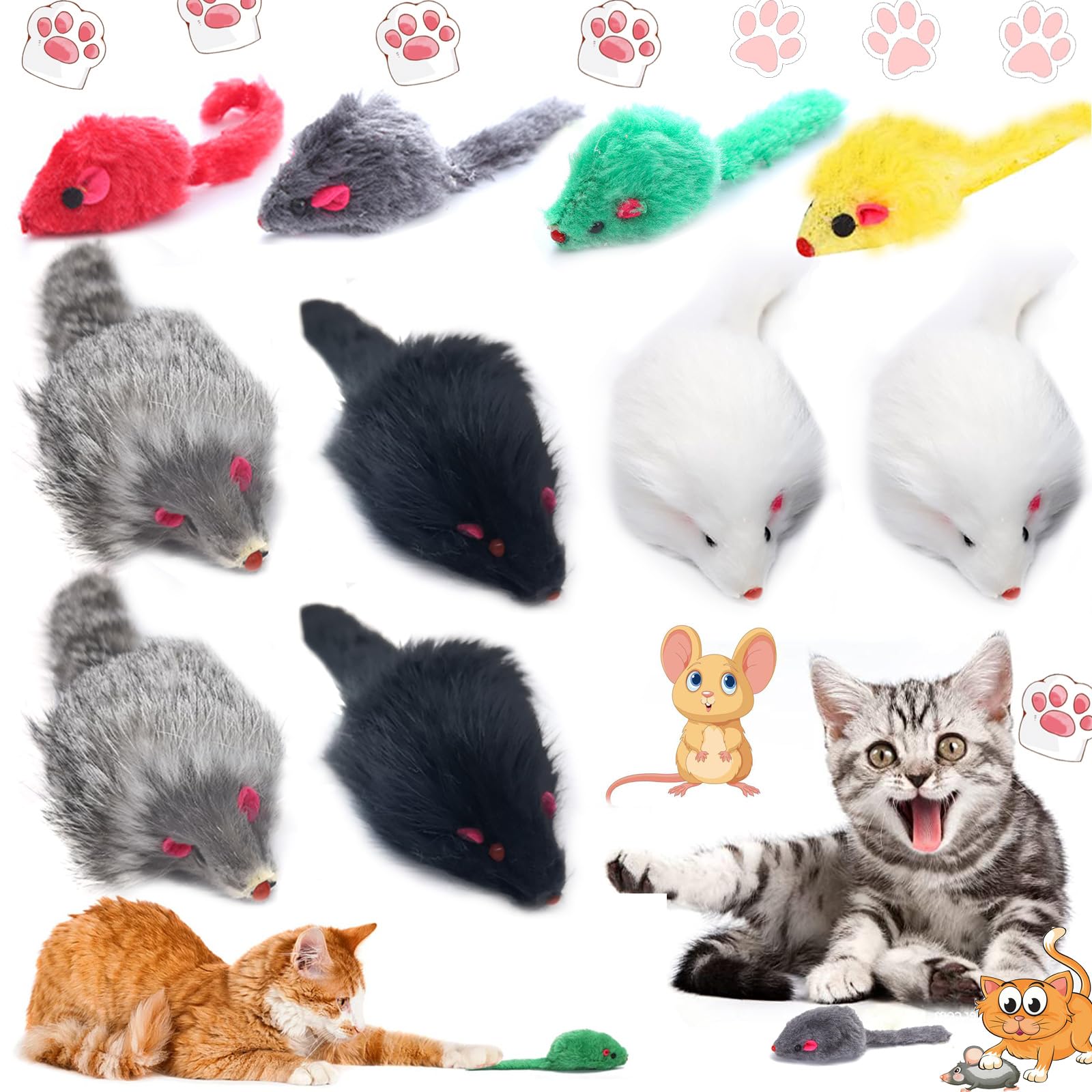 10 Piezas Juguetes para Gatos, Gato Juguete Interactivo, Raton Juguete Gato, Ratones para Gatos, Para Gatos Domésticos, Interacción con Mascotas (Negro, Blanco, Gris, Amarillo, Verde, Morado, Gris)