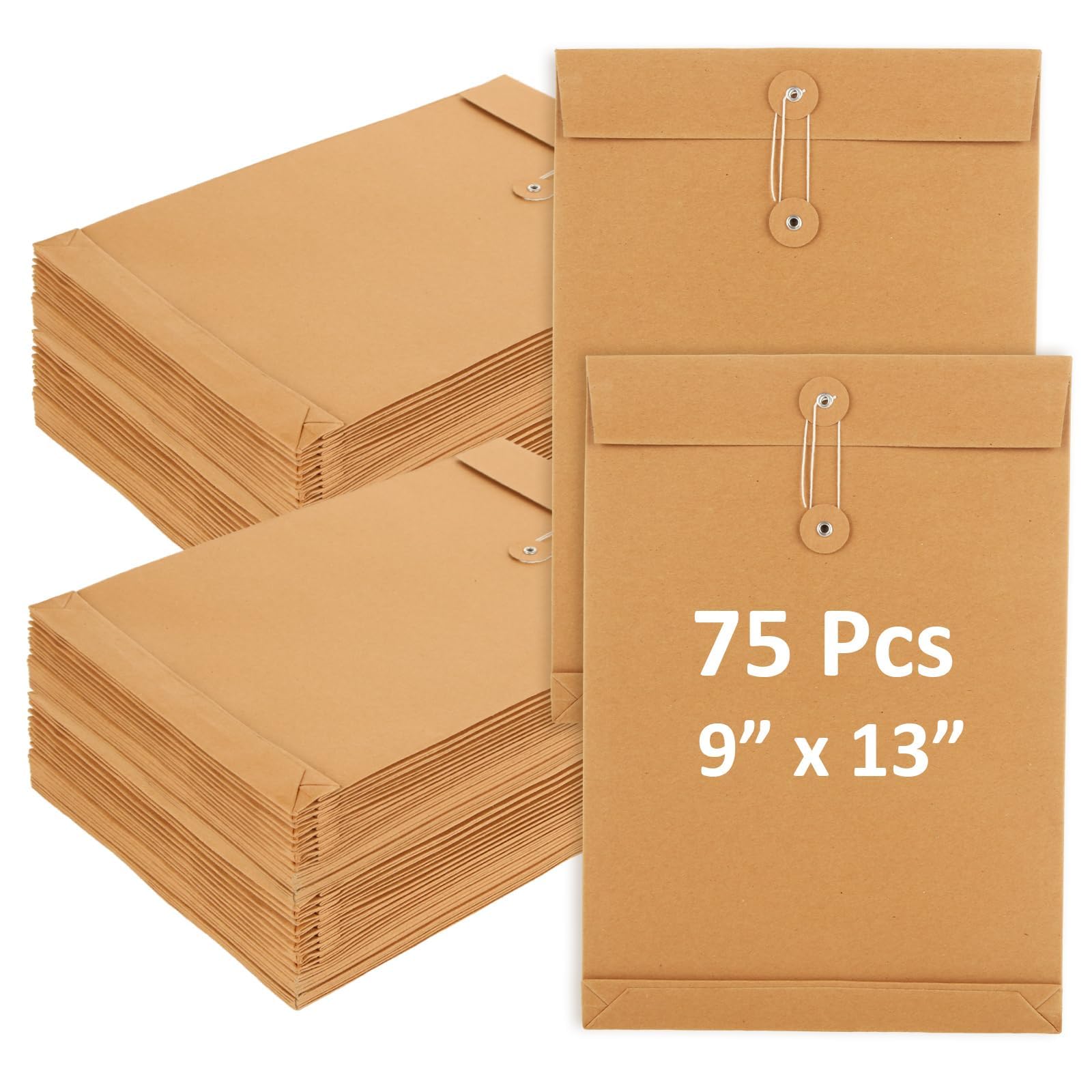 WOPPLXY 75 Pack 9 x13 Inch Kraft String Envelope File Folder, A4 Letter Size Kraft Paper Envelope File Bag with Button String Closure - 250GSM
