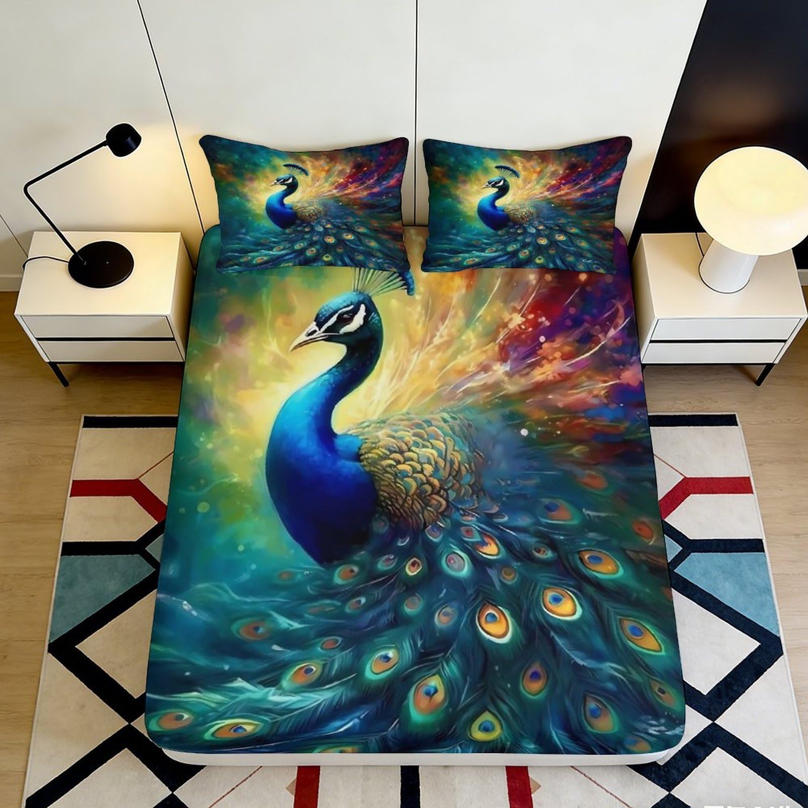 3D Printed Peacock Colorful Fitted Sheet Microfiber Mattress Cover Anti-Slip Bedroom Guest Room Decor Machine Washable 160x200x25cm